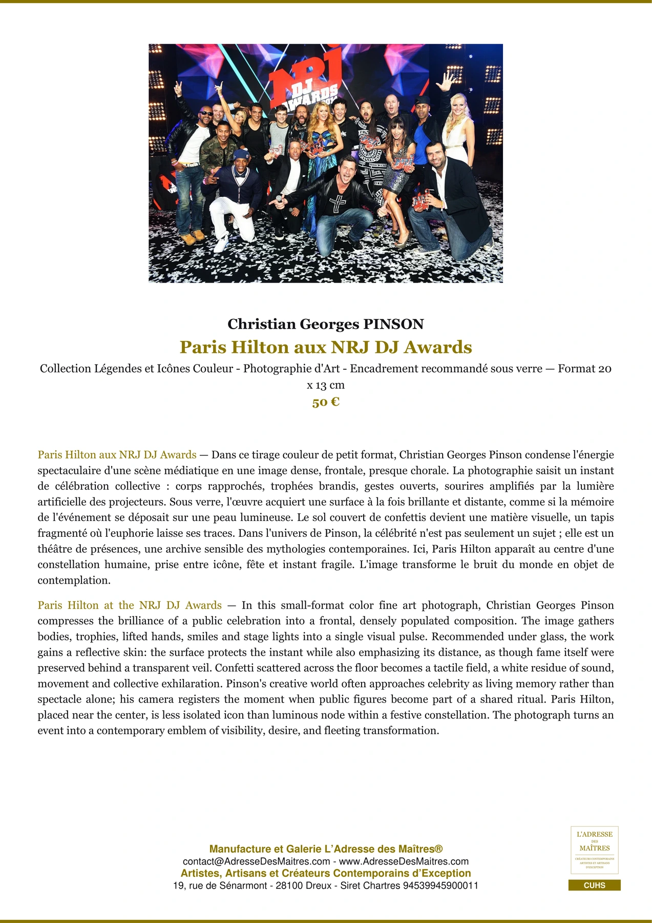 Fiche Premium - Paris Hilton aux NRJ DJ Awards - Christian Georges PINSON - L'Adresse des Maîtres®