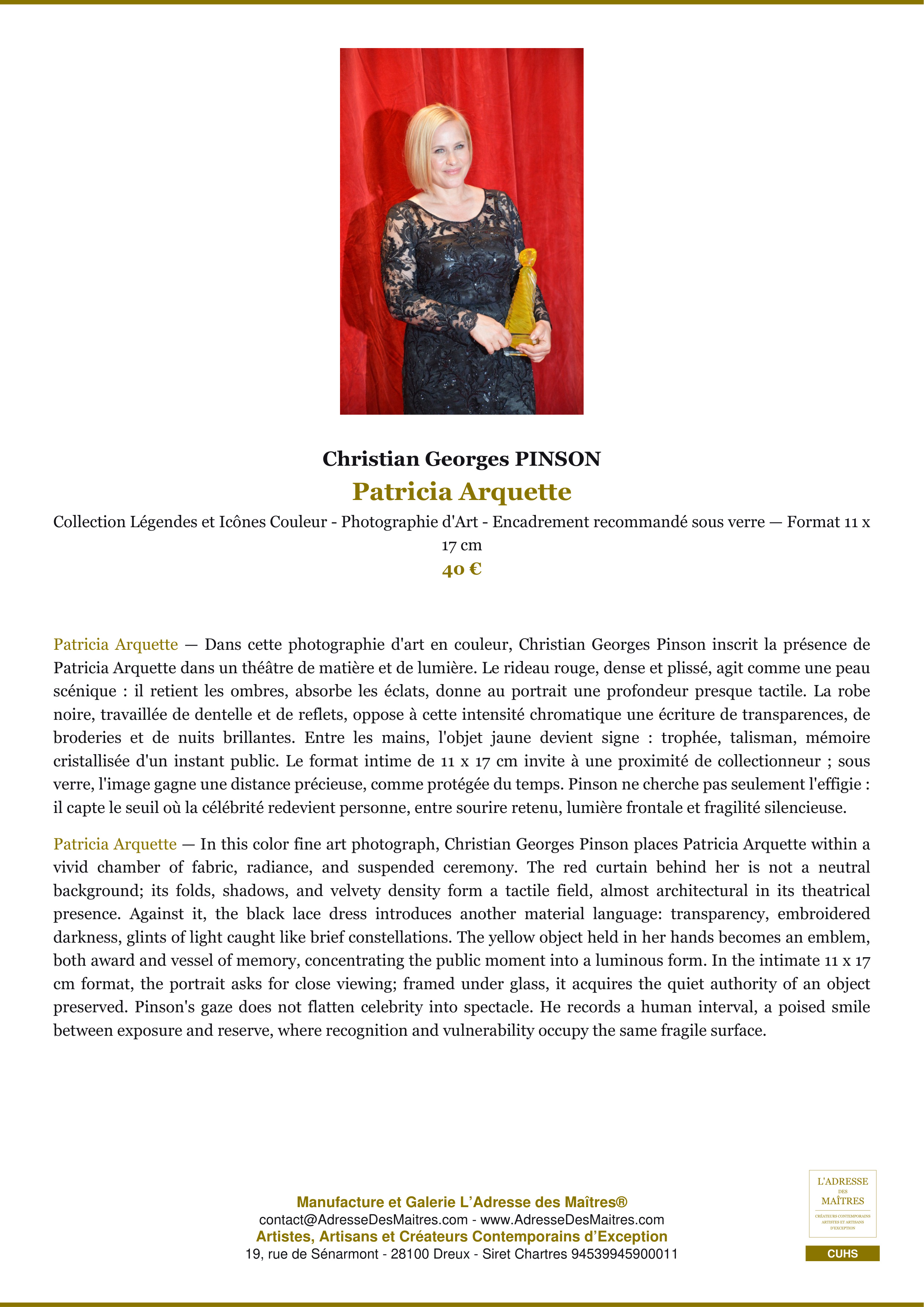 Fiche Premium — Patricia Arquette — Christian Georges PINSON — L'Adresse des Maîtres®