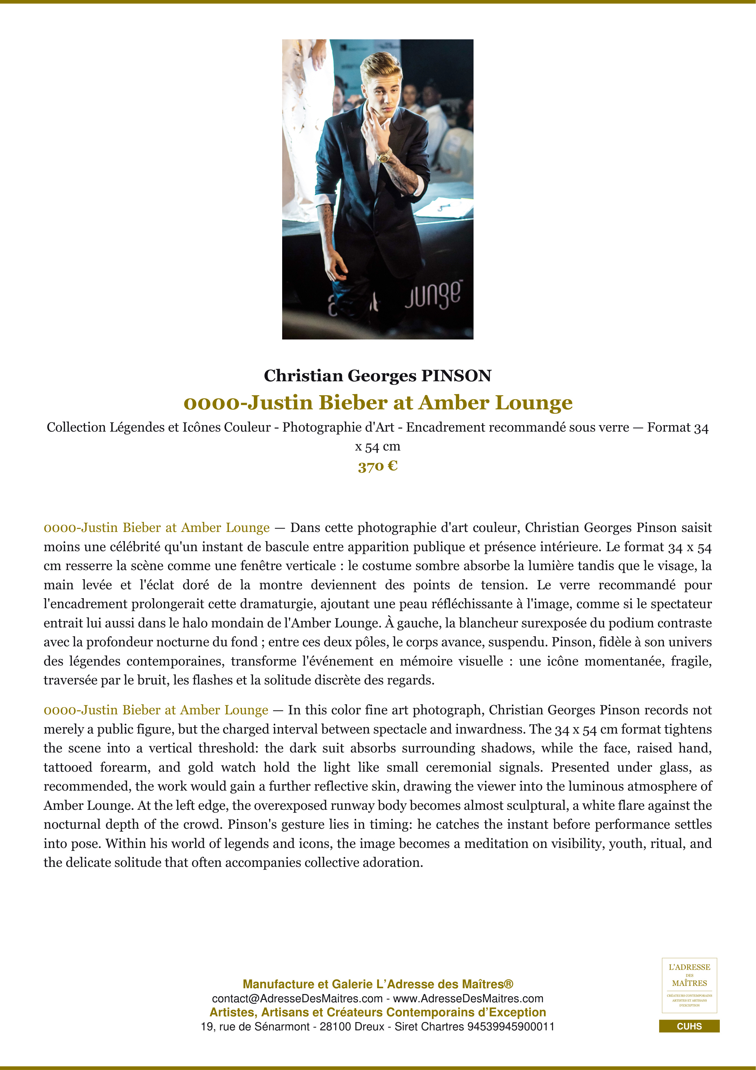 Fiche Premium — 0000-Justin Bieber at Amber Lounge — Christian Georges PINSON — L'Adresse des Maîtres®