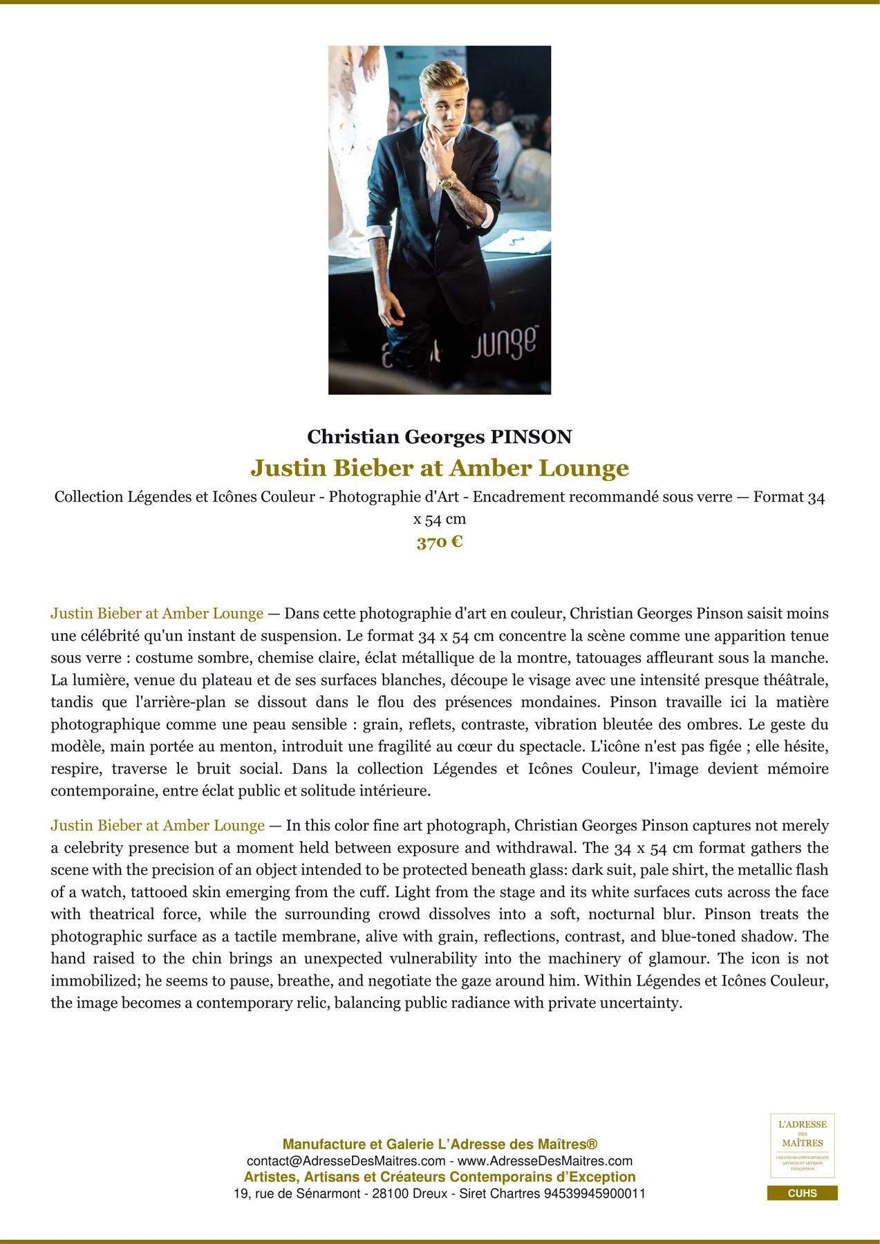 Fiche Premium - Justin Bieber at Amber Lounge - Christian Georges PINSON - L'Adresse des Maîtres®