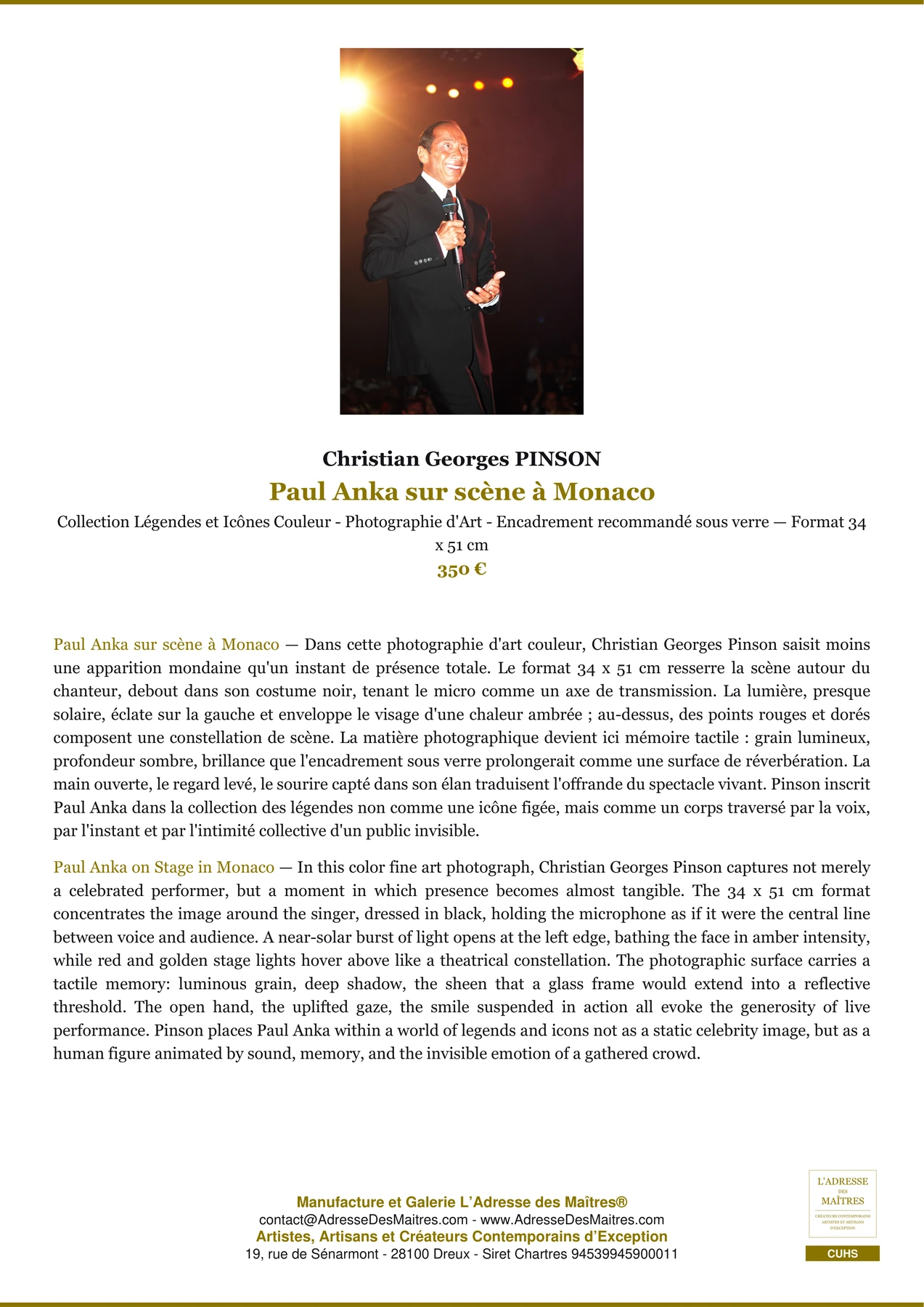 Fiche Premium - Paul Anka sur scène à Monaco - Christian Georges PINSON - L'Adresse des Maîtres®