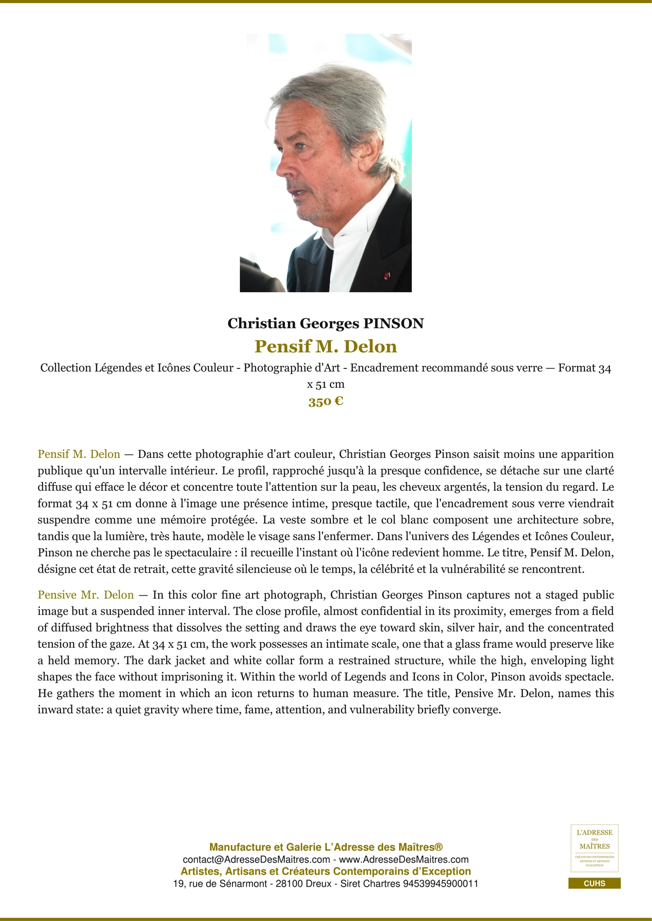 Fiche Premium - Pensif M. Delon - Christian Georges PINSON - L'Adresse des Maîtres®