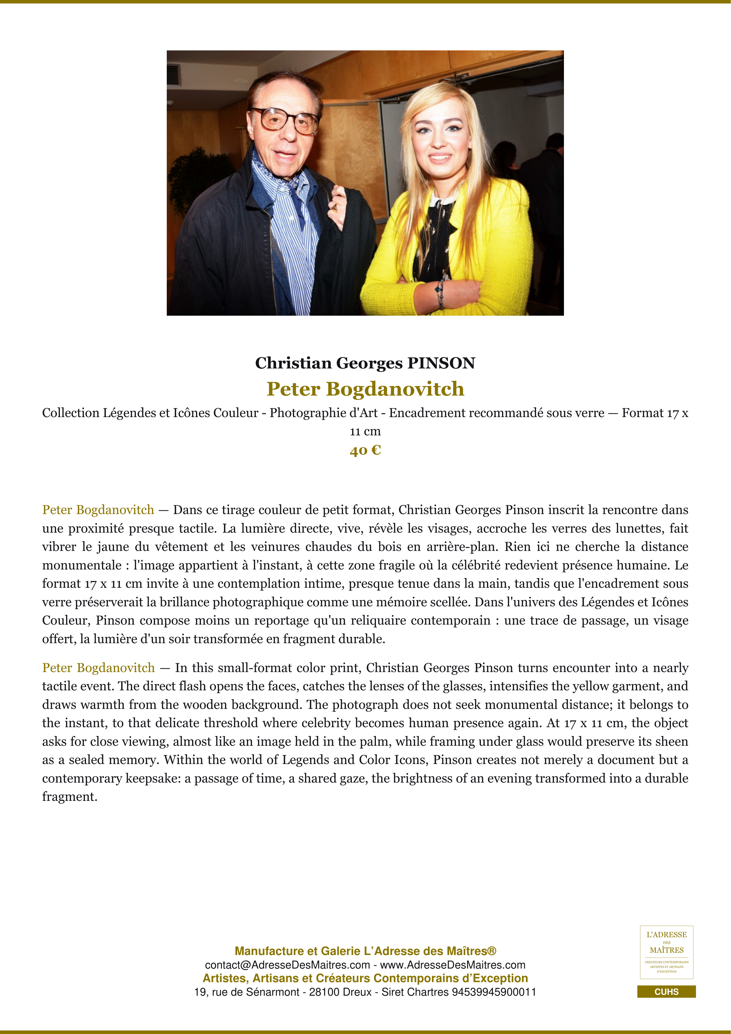 Fiche Premium — Peter Bogdanovitch — Christian Georges PINSON — L'Adresse des Maîtres®