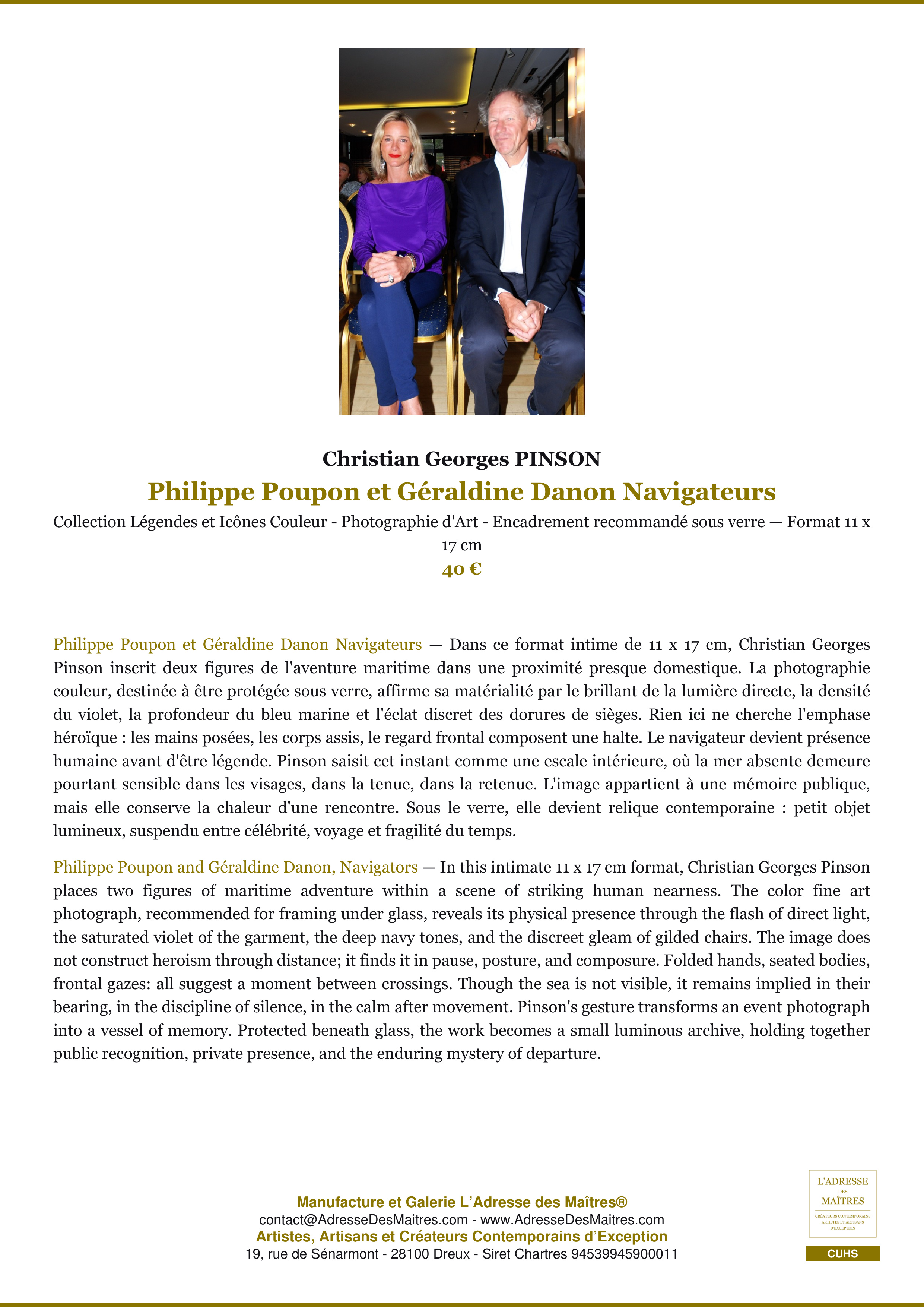 Fiche Premium — Philippe Poupon et Géraldine Danon Navigateurs — Christian Georges PINSON — L'Adresse des Maîtres®