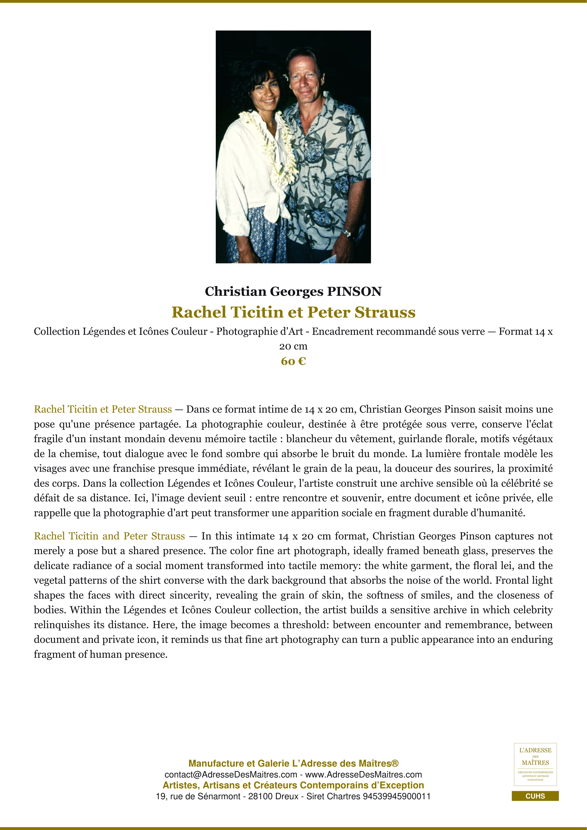 Fiche Premium — Rachel Ticitin et Peter Strauss — Christian Georges PINSON — L'Adresse des Maîtres®