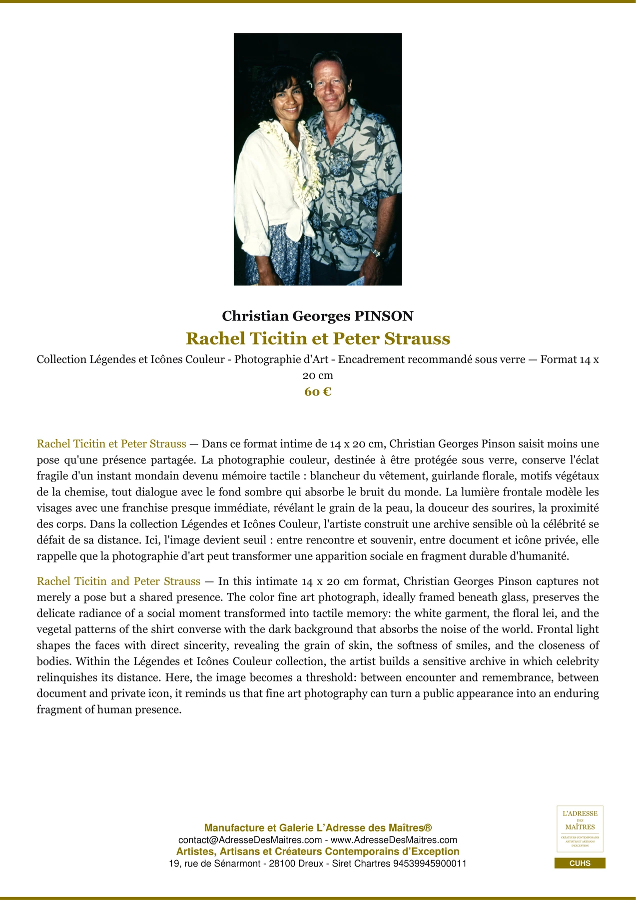 Fiche Premium - Rachel Ticitin et Peter Strauss - Christian Georges PINSON - L'Adresse des Maîtres®