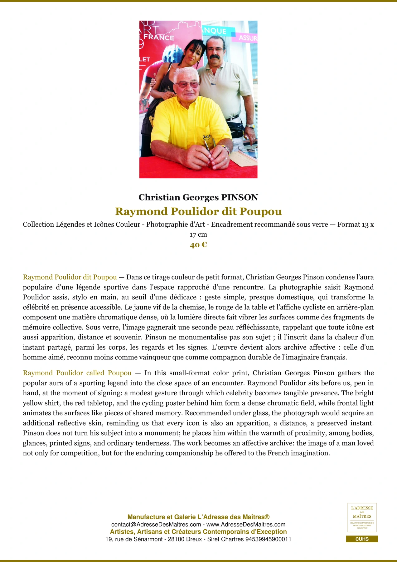 Fiche Premium - Raymond Poulidor dit Poupou - Christian Georges PINSON - L'Adresse des Maîtres®