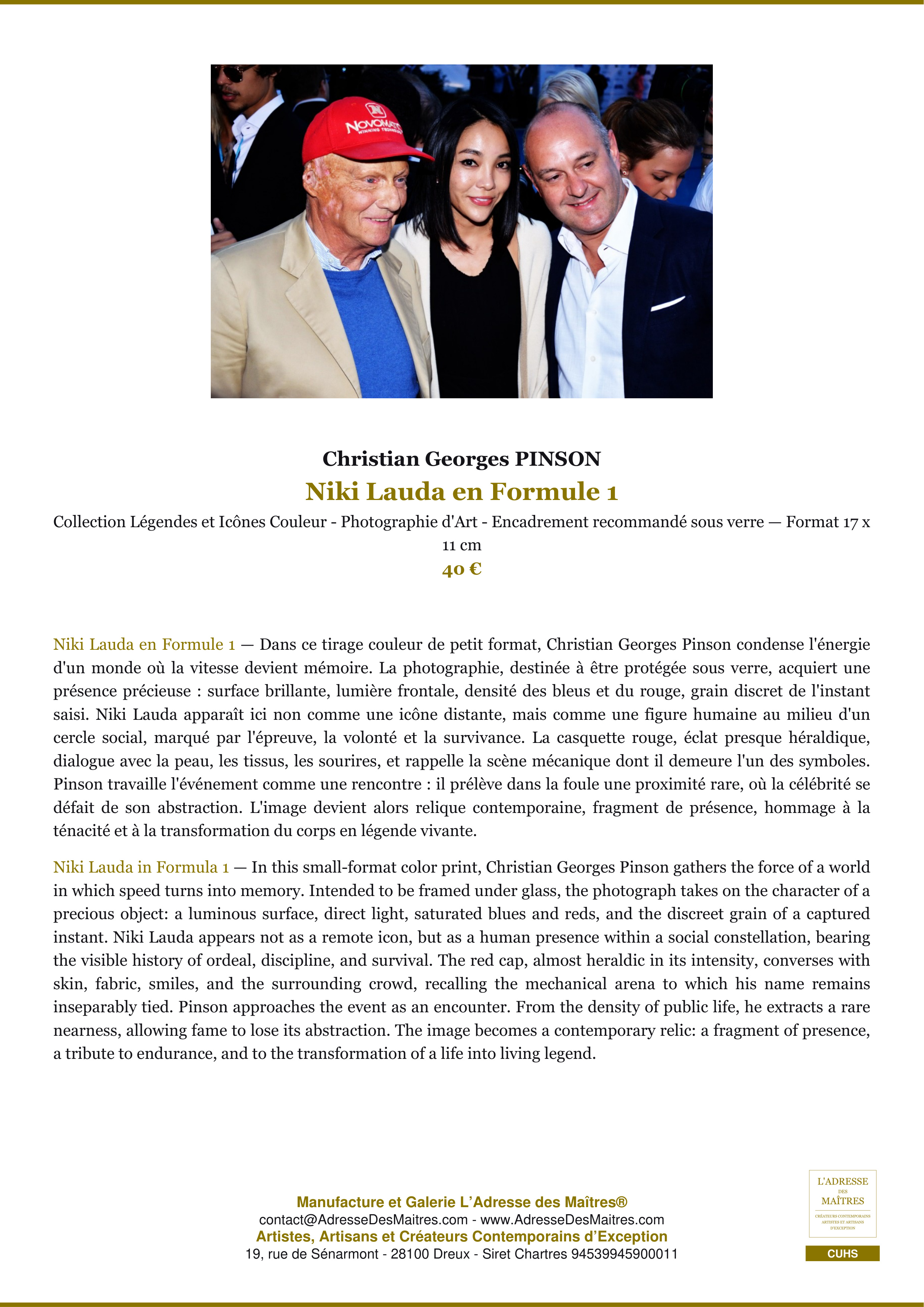 Fiche Premium — Niki Lauda en Formule 1 — Christian Georges PINSON — L'Adresse des Maîtres®