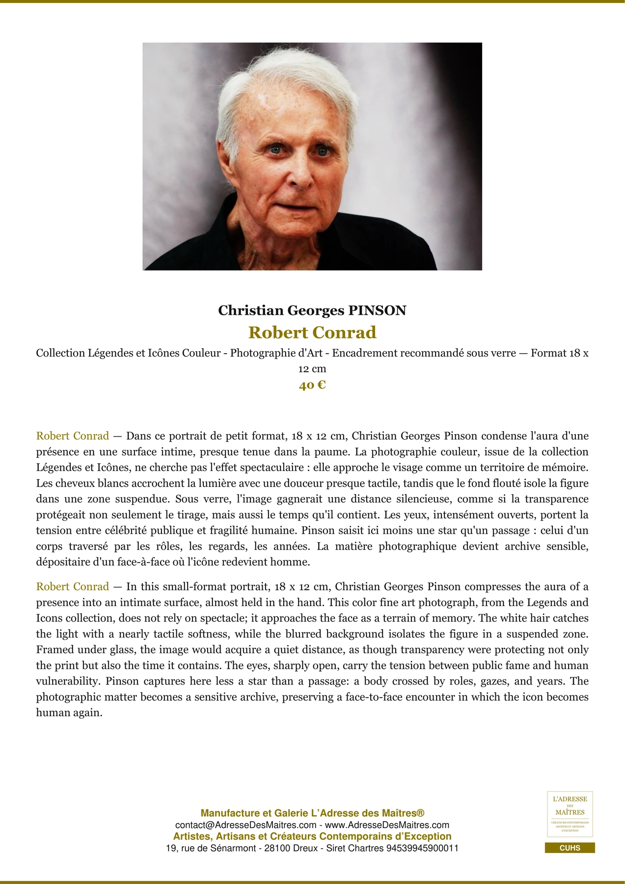Fiche Premium - Robert Conrad - Christian Georges PINSON - L'Adresse des Maîtres®