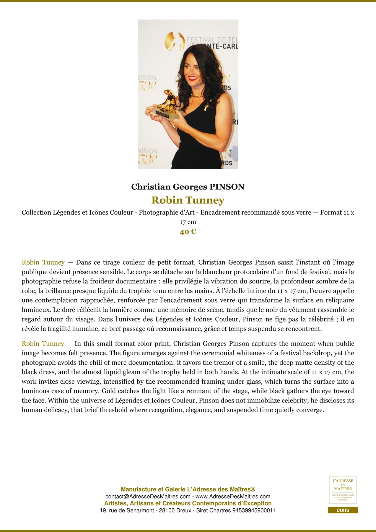 Fiche Premium - Robin Tunney - Christian Georges PINSON - L'Adresse des Maîtres®