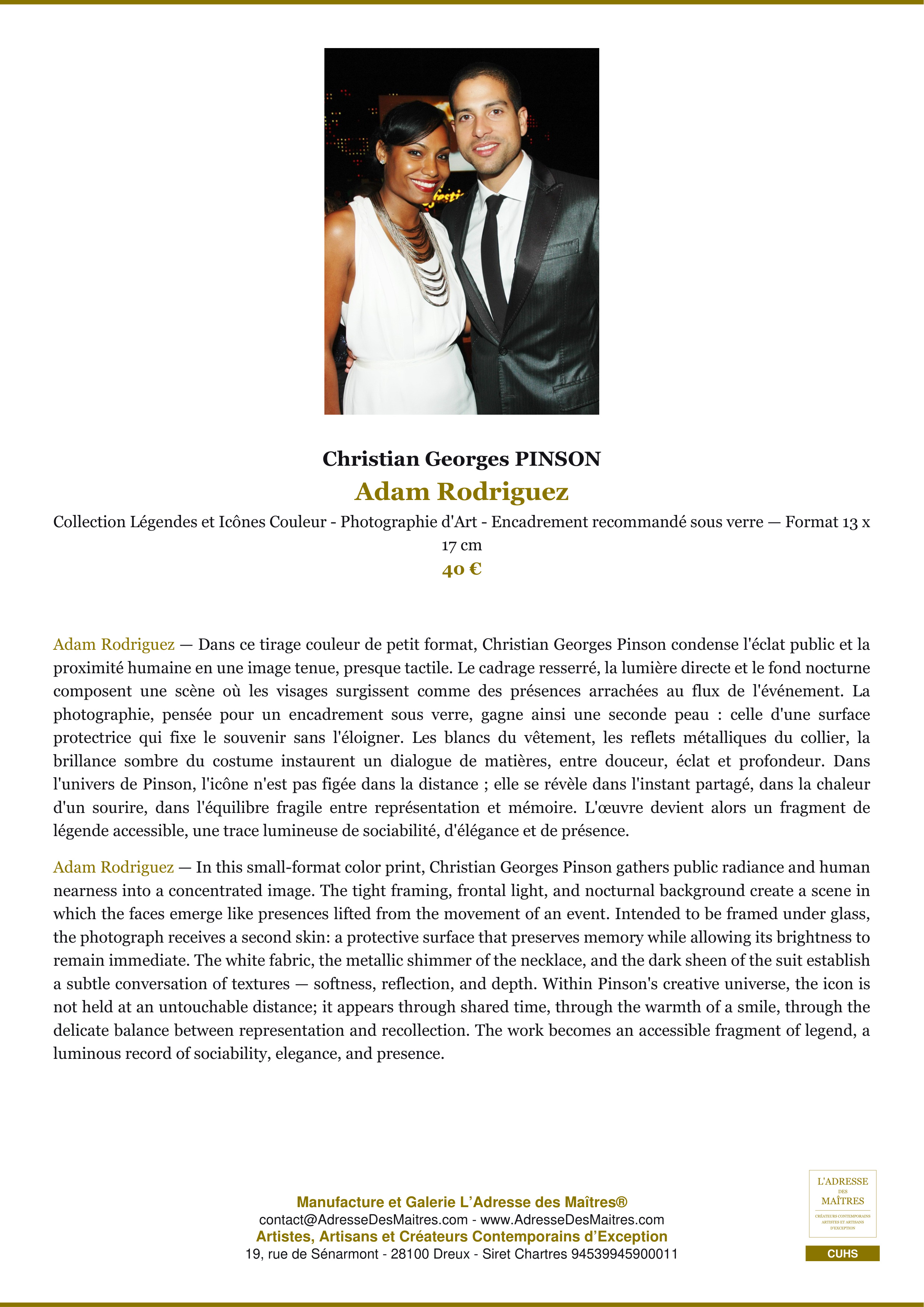 Fiche Premium — Adam Rodriguez — Christian Georges PINSON — L'Adresse des Maîtres®