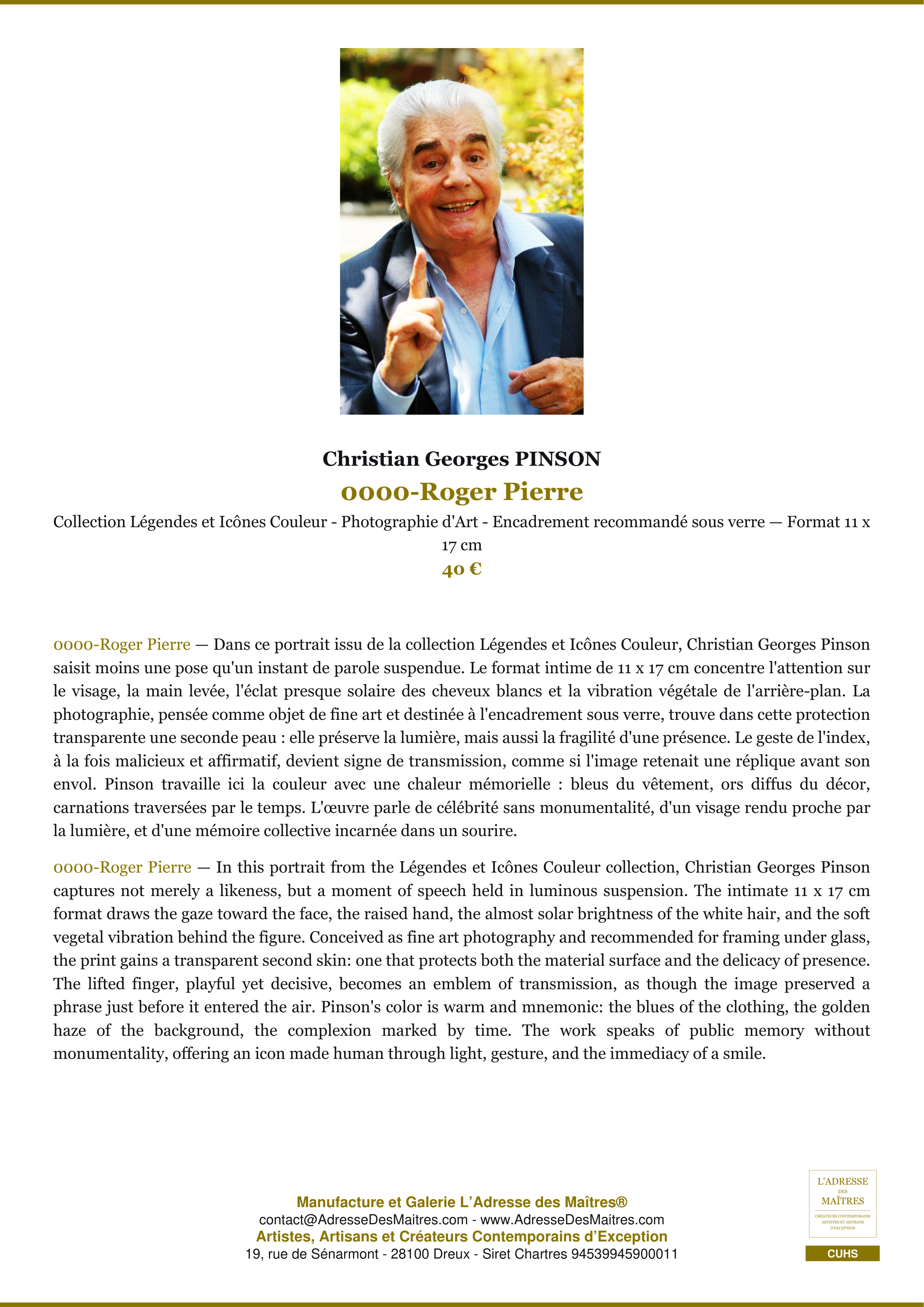 Fiche Premium — 0000-Roger Pierre — Christian Georges PINSON — L'Adresse des Maîtres®