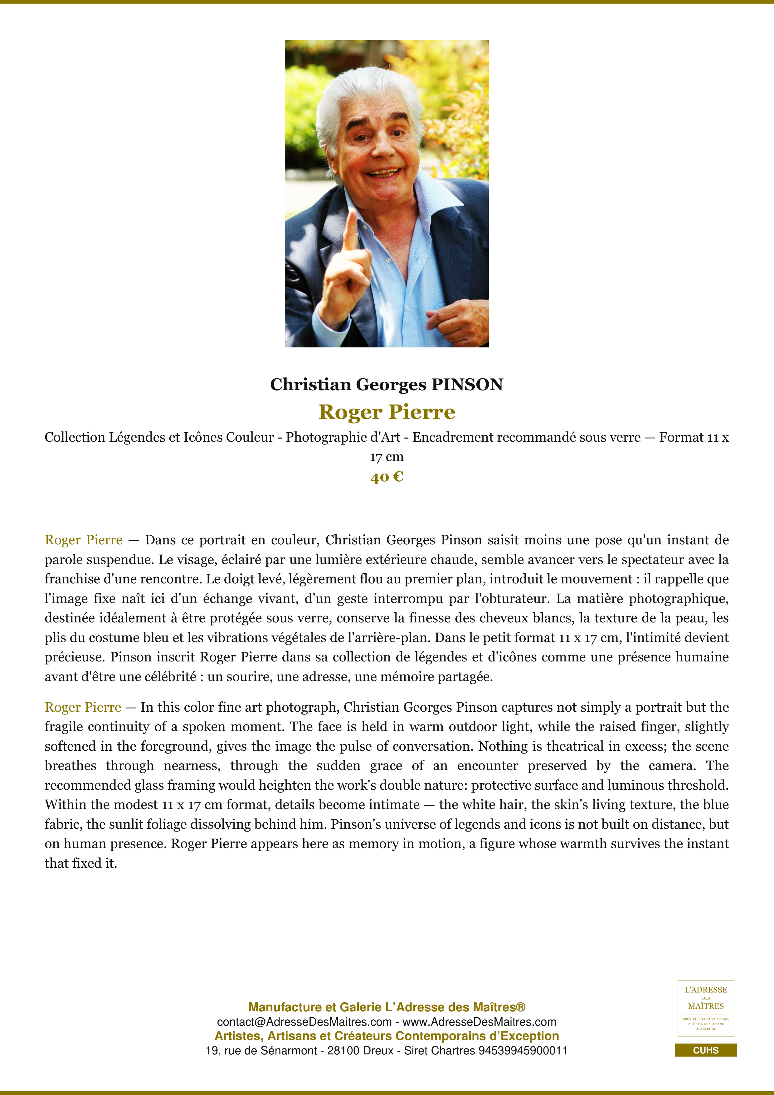Fiche Premium — Roger Pierre — Christian Georges PINSON — L'Adresse des Maîtres®