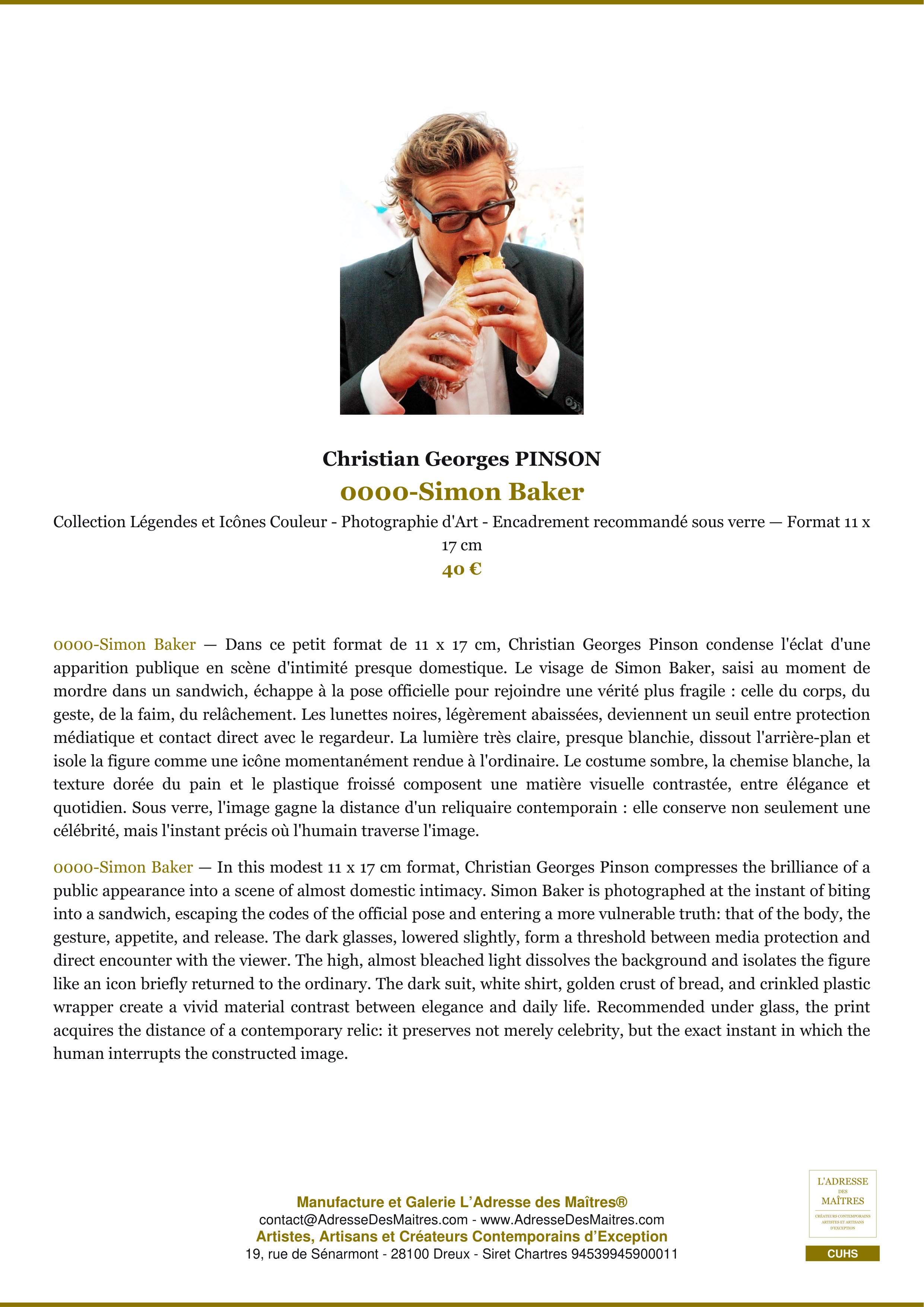Fiche Premium — 0000-Simon Baker — Christian Georges PINSON — L'Adresse des Maîtres®