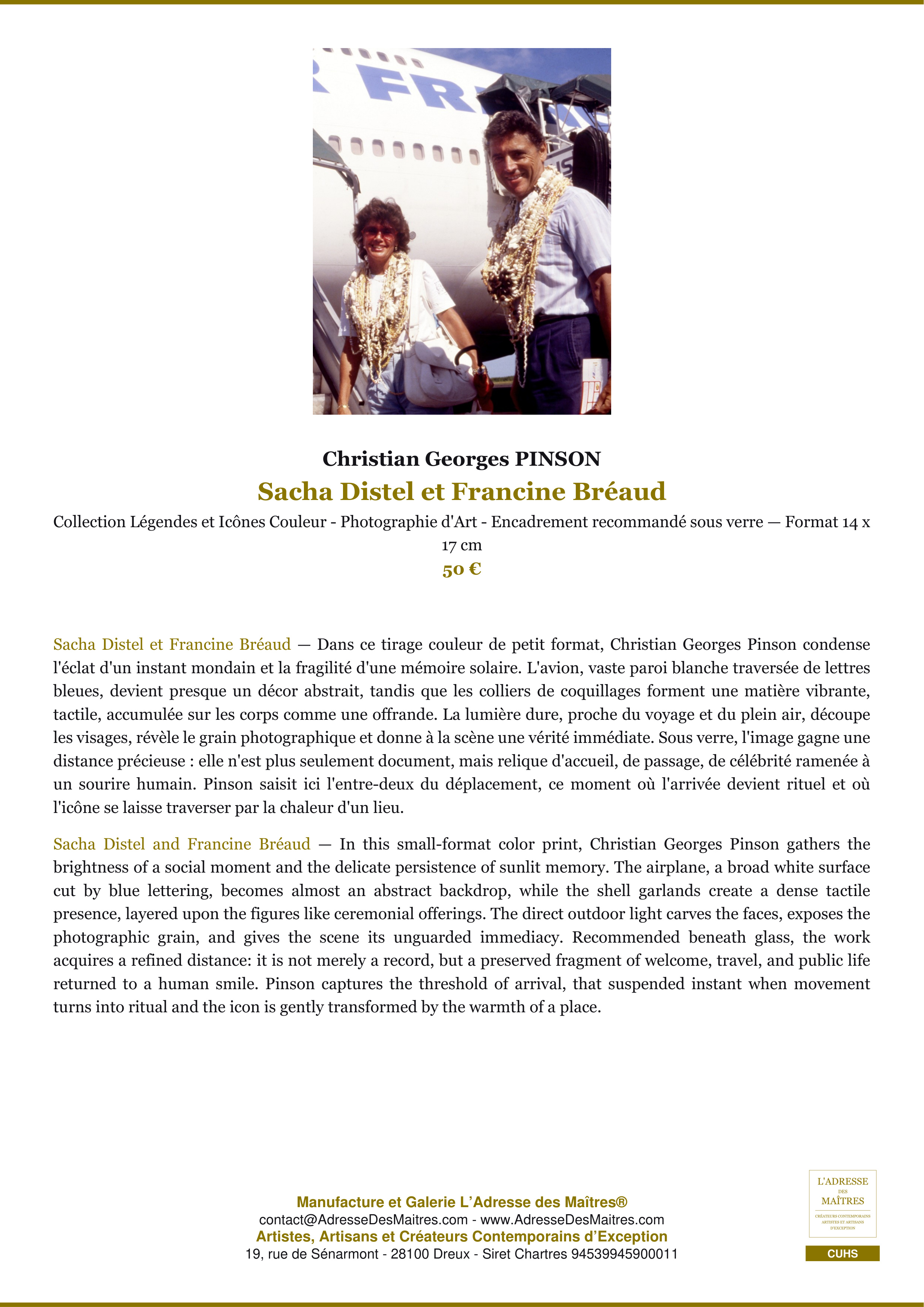 Fiche Premium — Sacha Distel et Francine Bréaud — Christian Georges PINSON — L'Adresse des Maîtres®