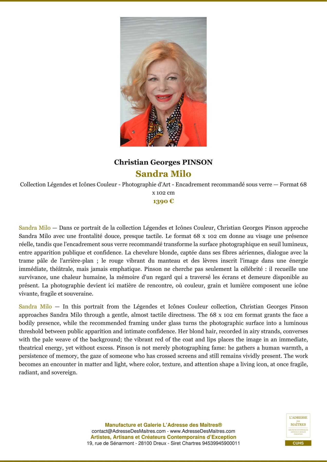 Fiche Premium - Sandra Milo - Christian Georges PINSON - L'Adresse des Maîtres®