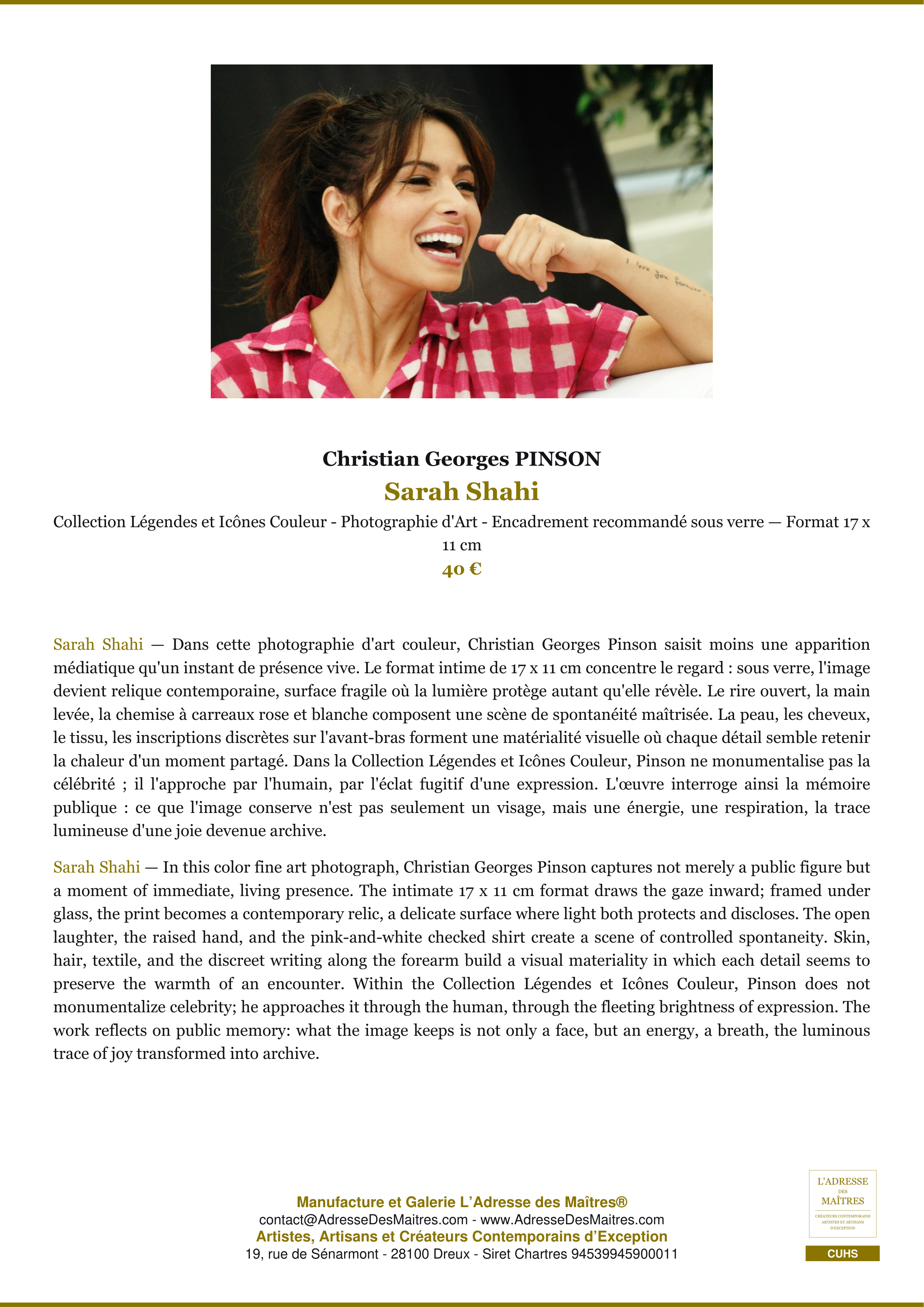 Fiche Premium — Sarah Shahi — Christian Georges PINSON — L'Adresse des Maîtres®