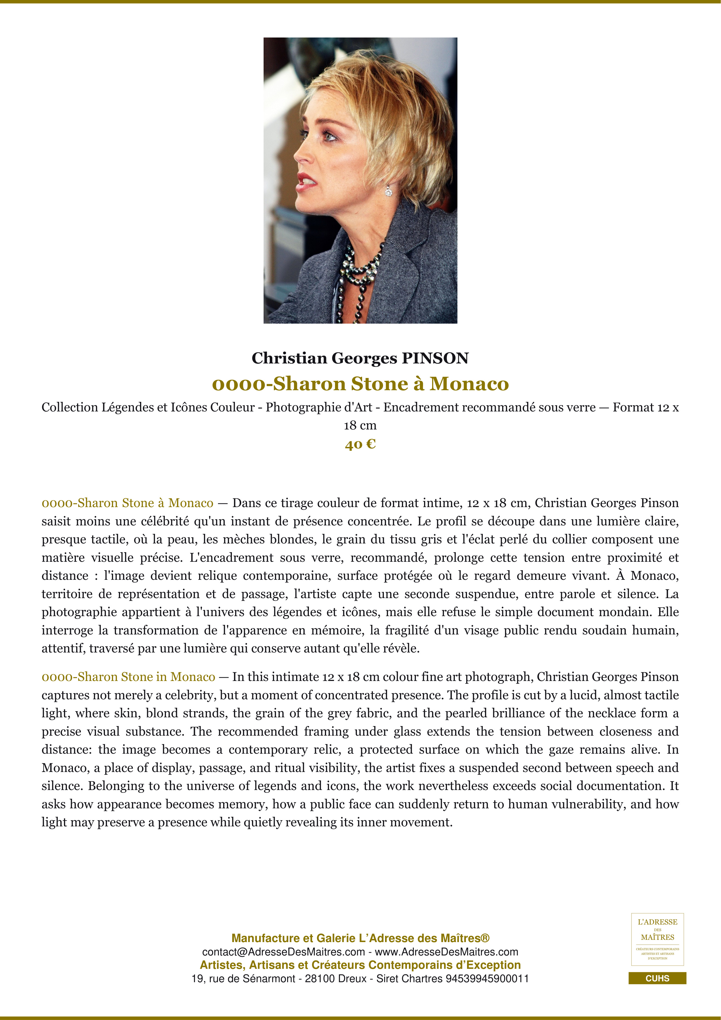 Fiche Premium — 0000-Sharon Stone à Monaco — Christian Georges PINSON — L'Adresse des Maîtres®
