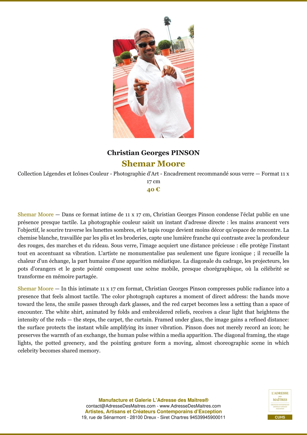 Fiche Premium - Shemar Moore - Christian Georges PINSON - L'Adresse des Maîtres®