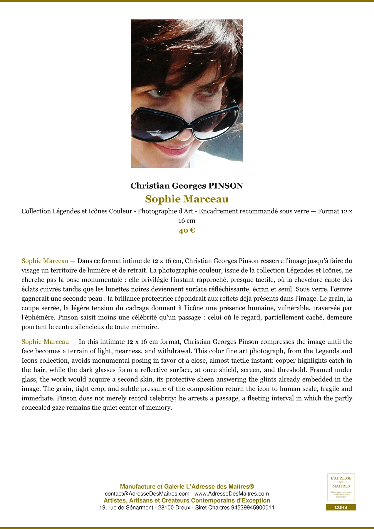 Fiche Premium - Sophie Marceau - Christian Georges PINSON - L'Adresse des Maîtres®