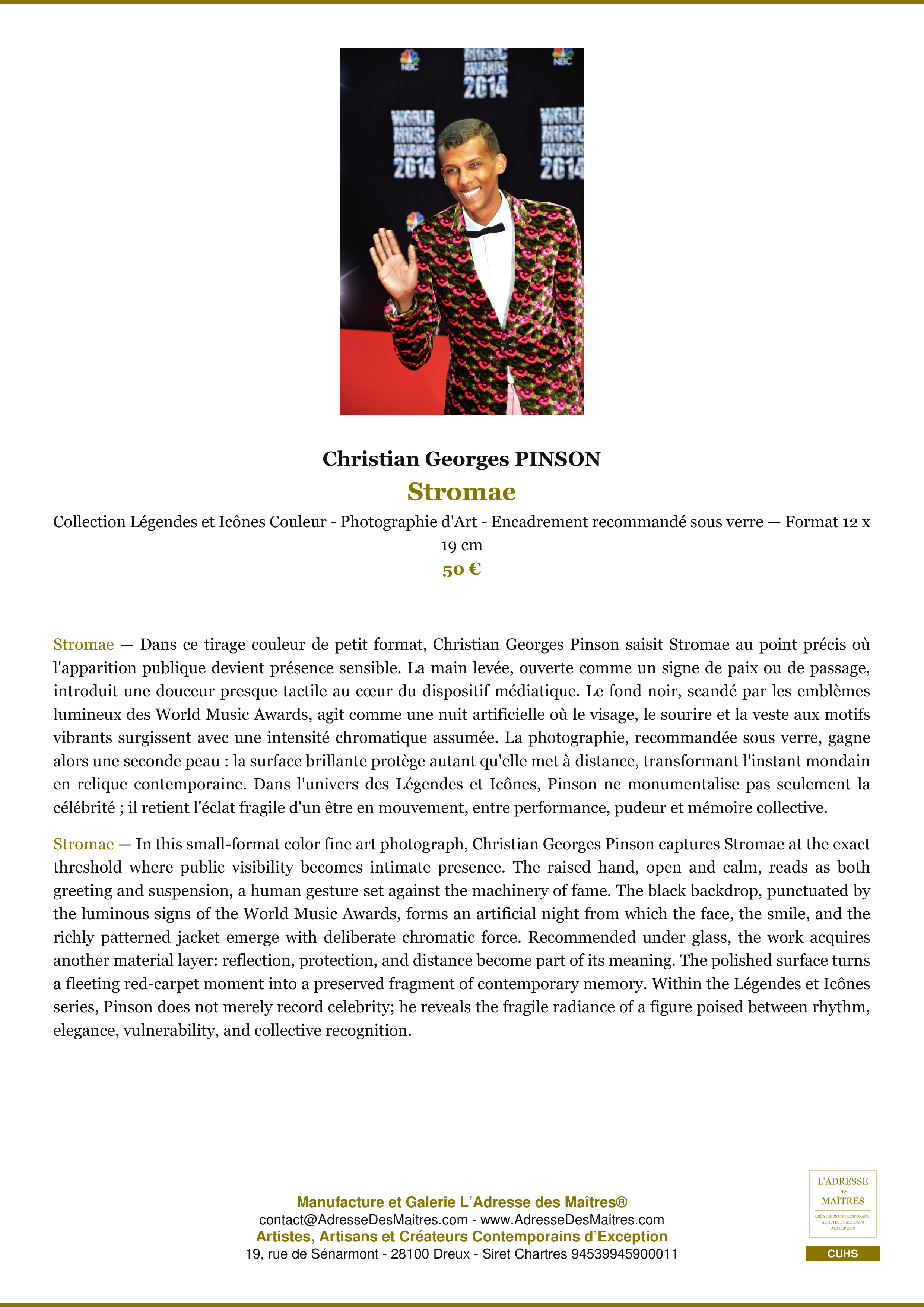 Fiche Premium — Stromae — Christian Georges PINSON — L'Adresse des Maîtres®