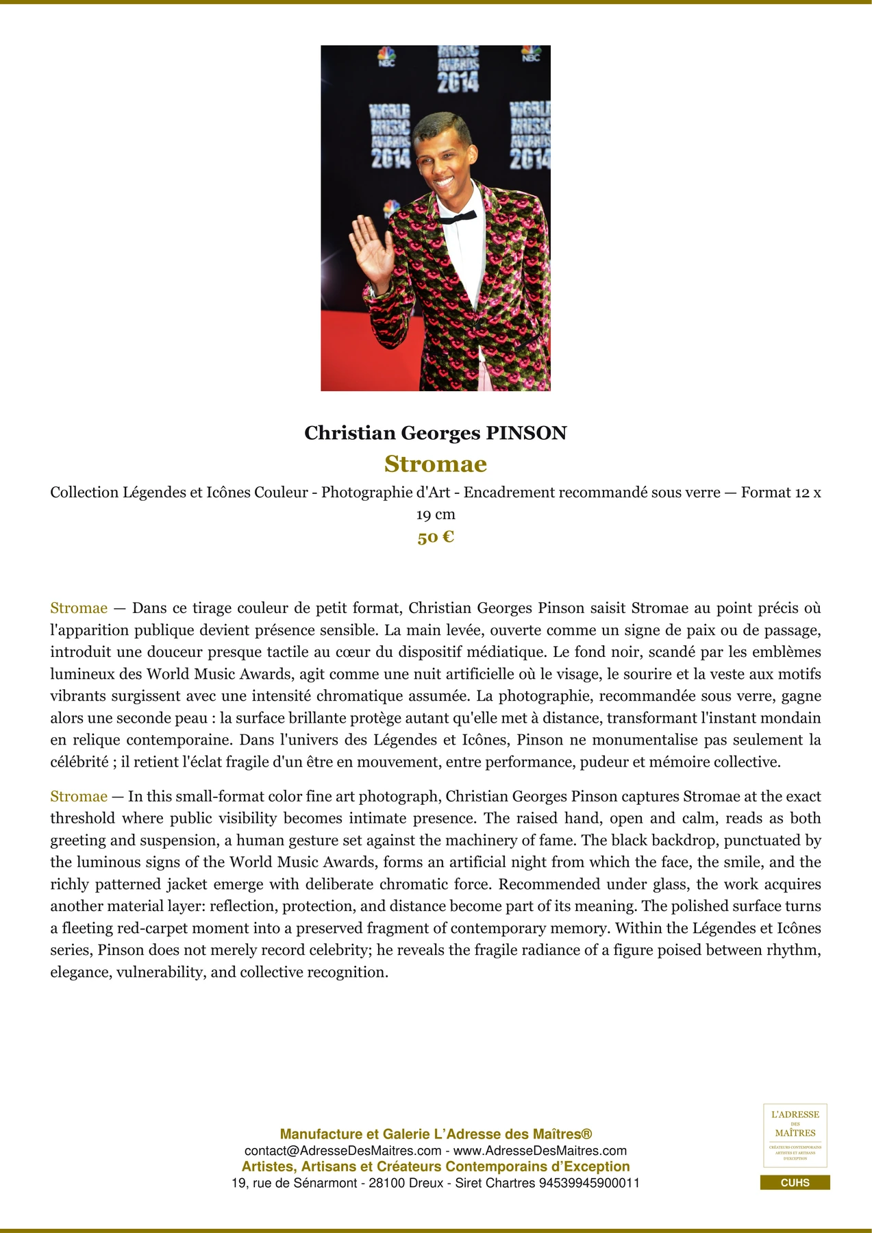 Fiche Premium - Stromae - Christian Georges PINSON - L'Adresse des Maîtres®