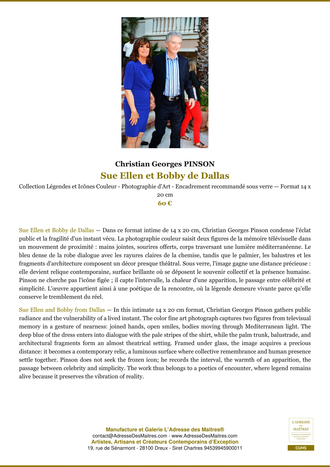 Fiche Premium - Sue Ellen et Bobby de Dallas - Christian Georges PINSON - L'Adresse des Maîtres®