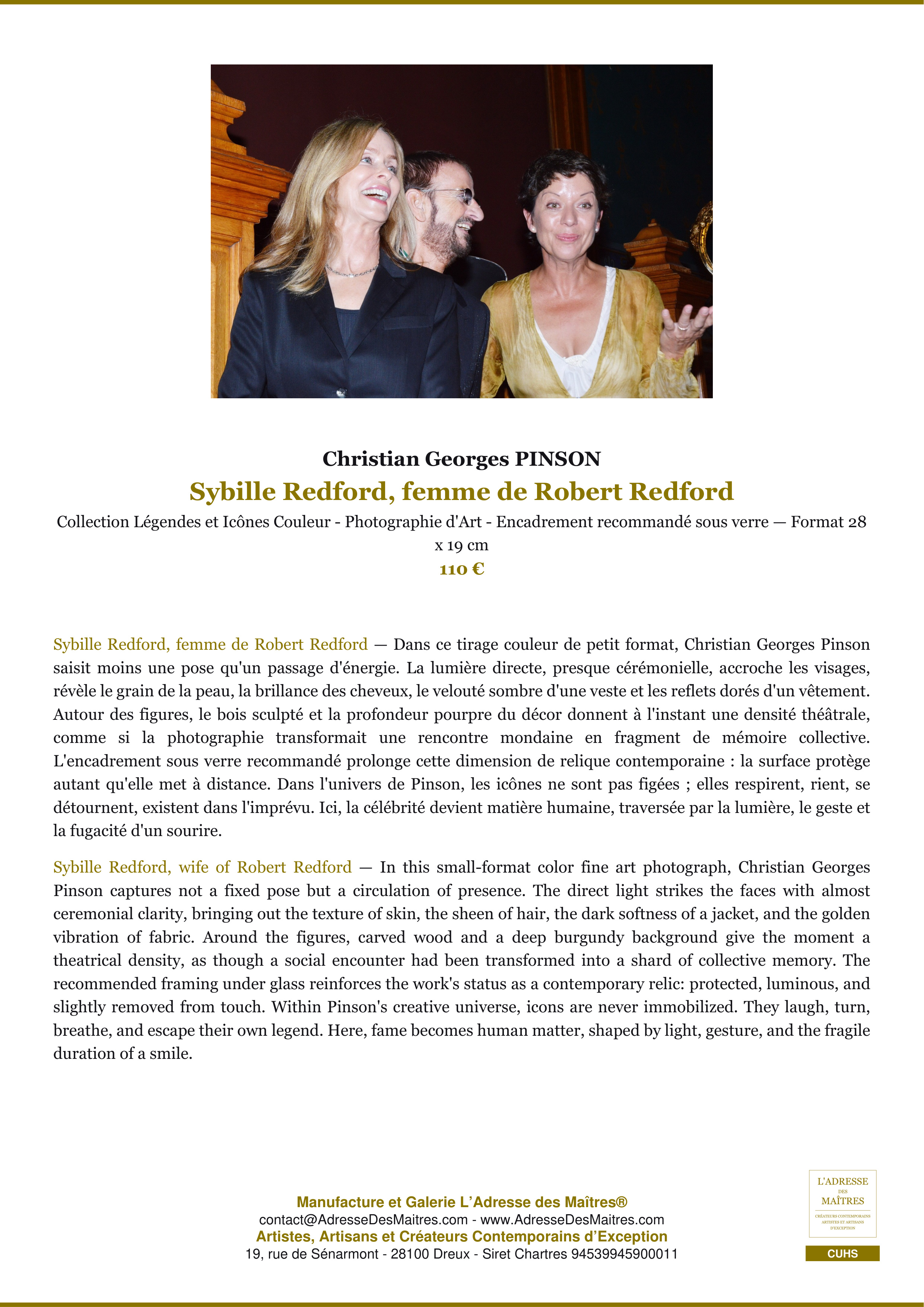 Fiche Premium — Sybille Redford, femme de Robert Redford — Christian Georges PINSON — L'Adresse des Maîtres®