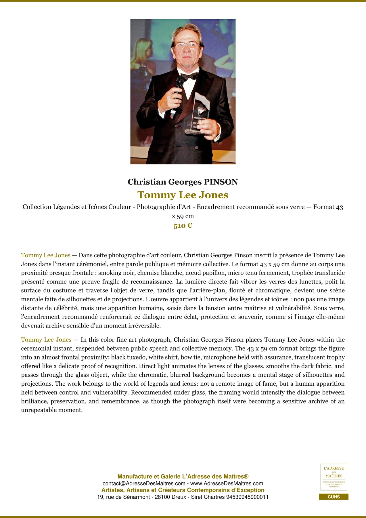 Fiche Premium - Tommy Lee Jones - Christian Georges PINSON - L'Adresse des Maîtres®