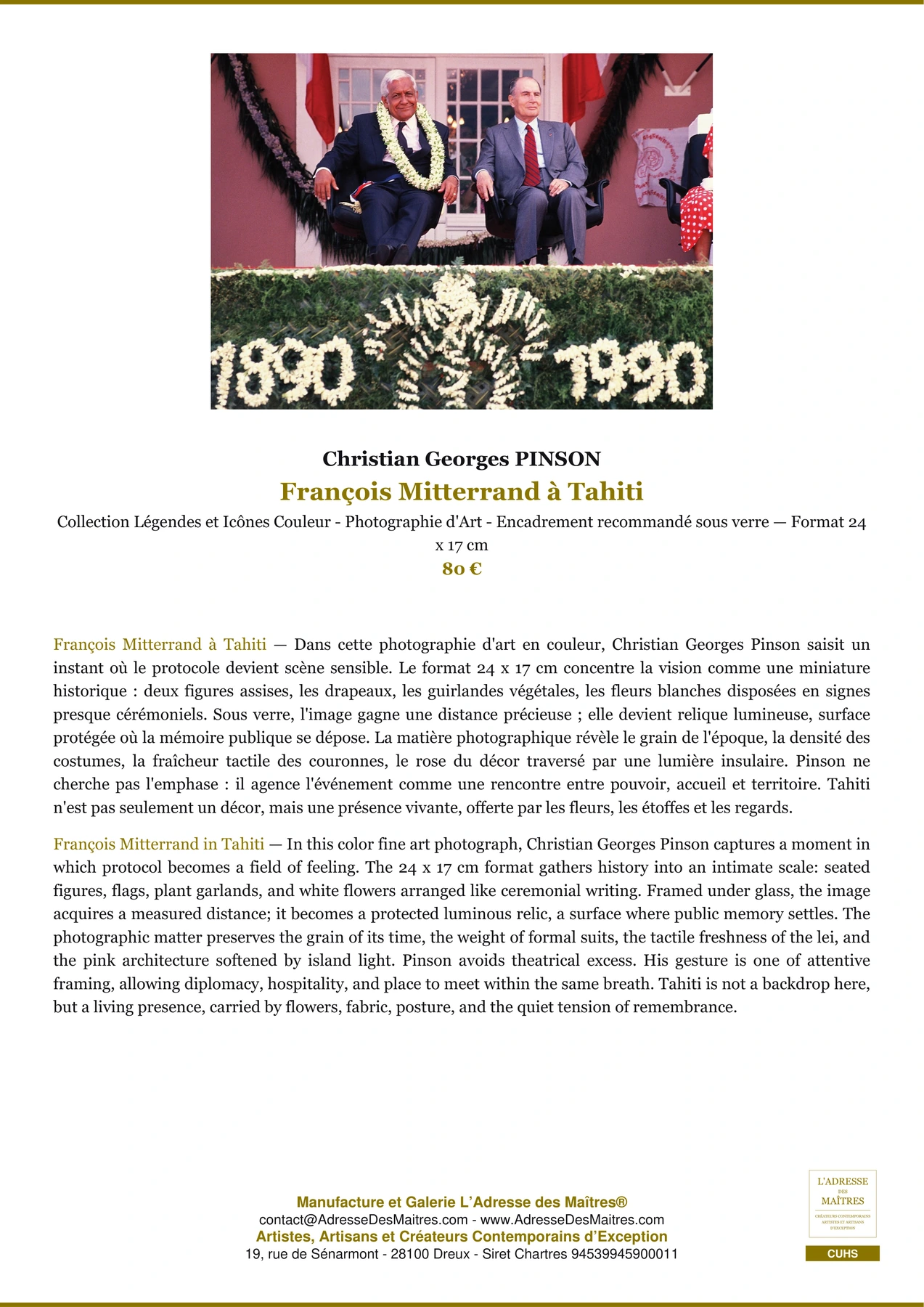Fiche Premium - François Mitterrand à Tahiti - Christian Georges PINSON - L'Adresse des Maîtres®