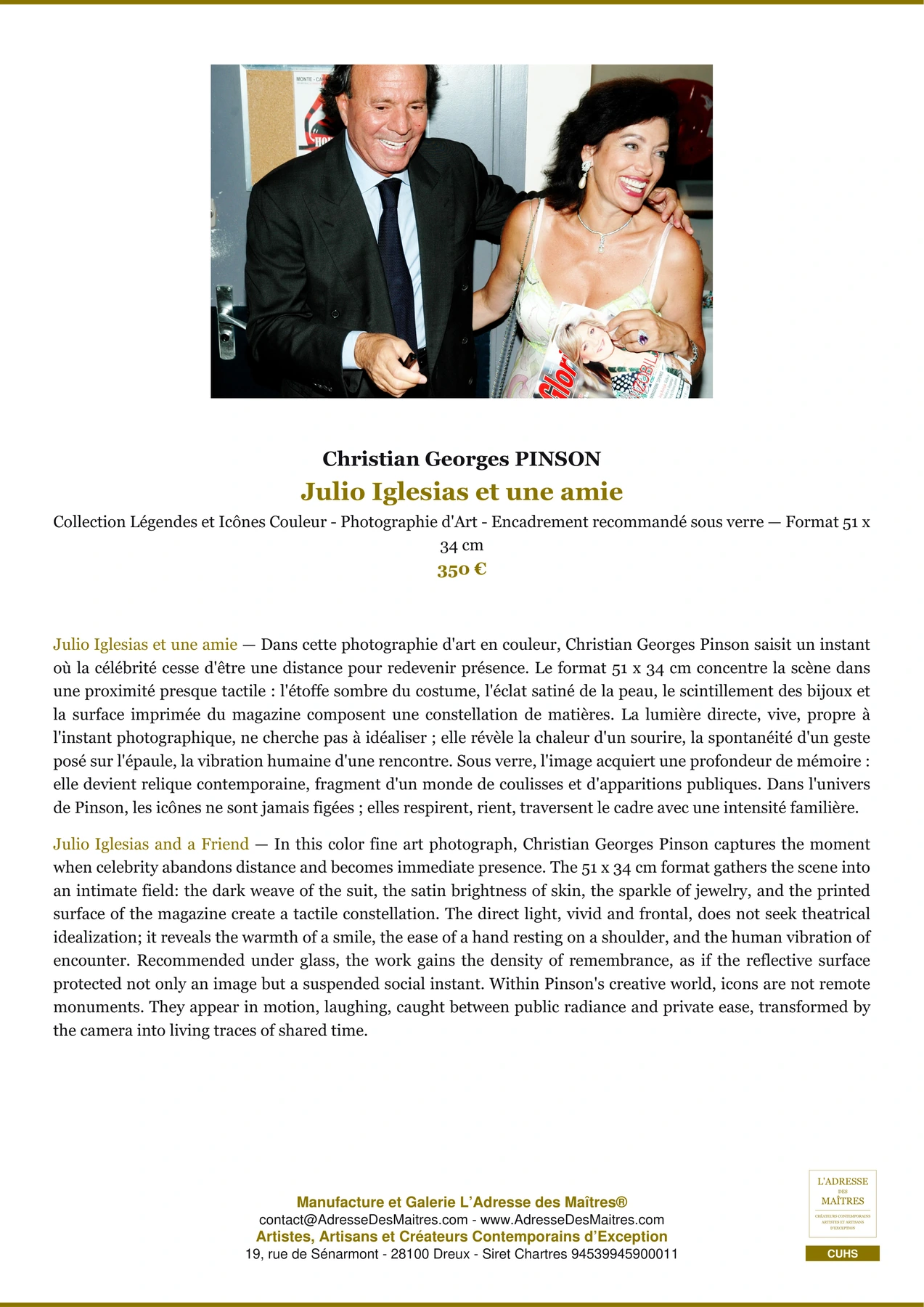 Fiche Premium - Julio Iglesias et une amie - Christian Georges PINSON - L'Adresse des Maîtres®