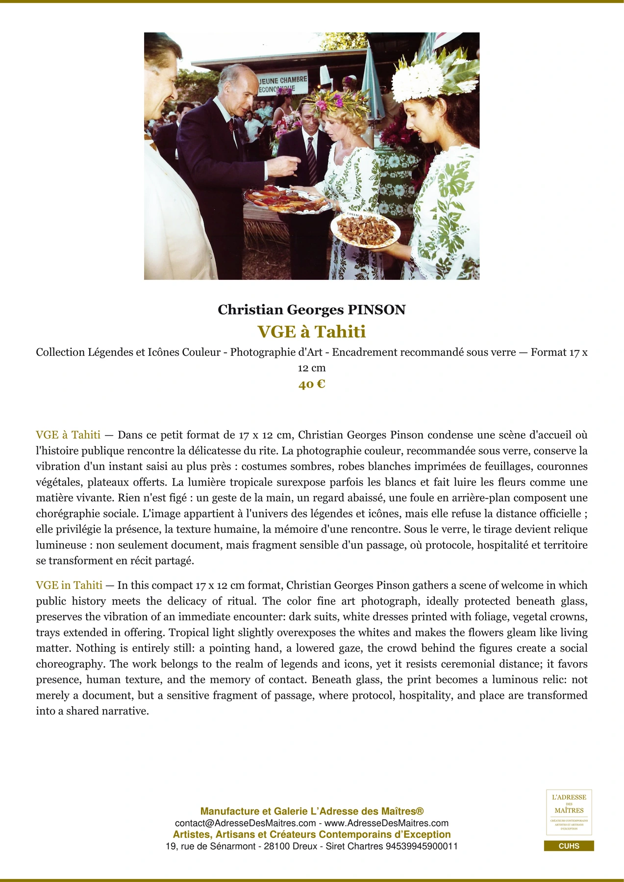 Fiche Premium - VGE à Tahiti - Christian Georges PINSON - L'Adresse des Maîtres®
