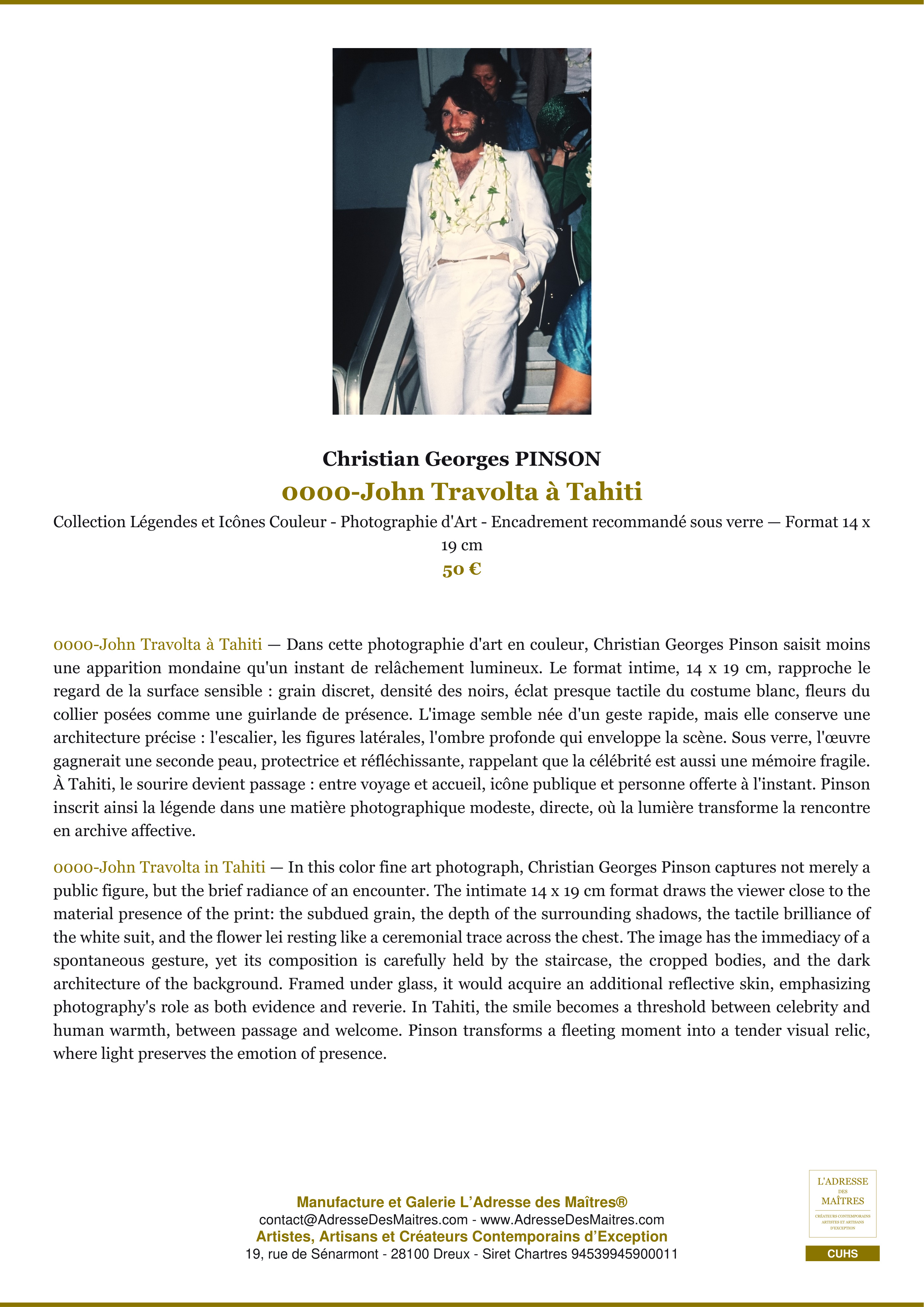 Fiche Premium — 0000-John Travolta à Tahiti — Christian Georges PINSON — L'Adresse des Maîtres®