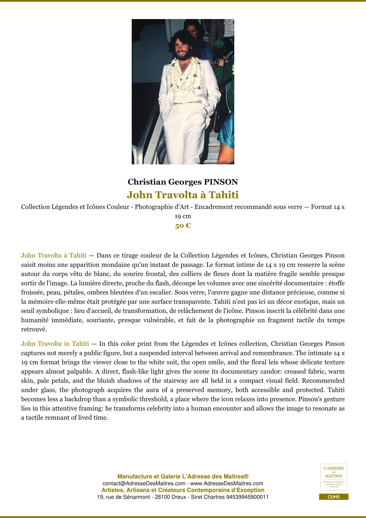 Fiche Premium - John Travolta à Tahiti - Christian Georges PINSON - L'Adresse des Maîtres®