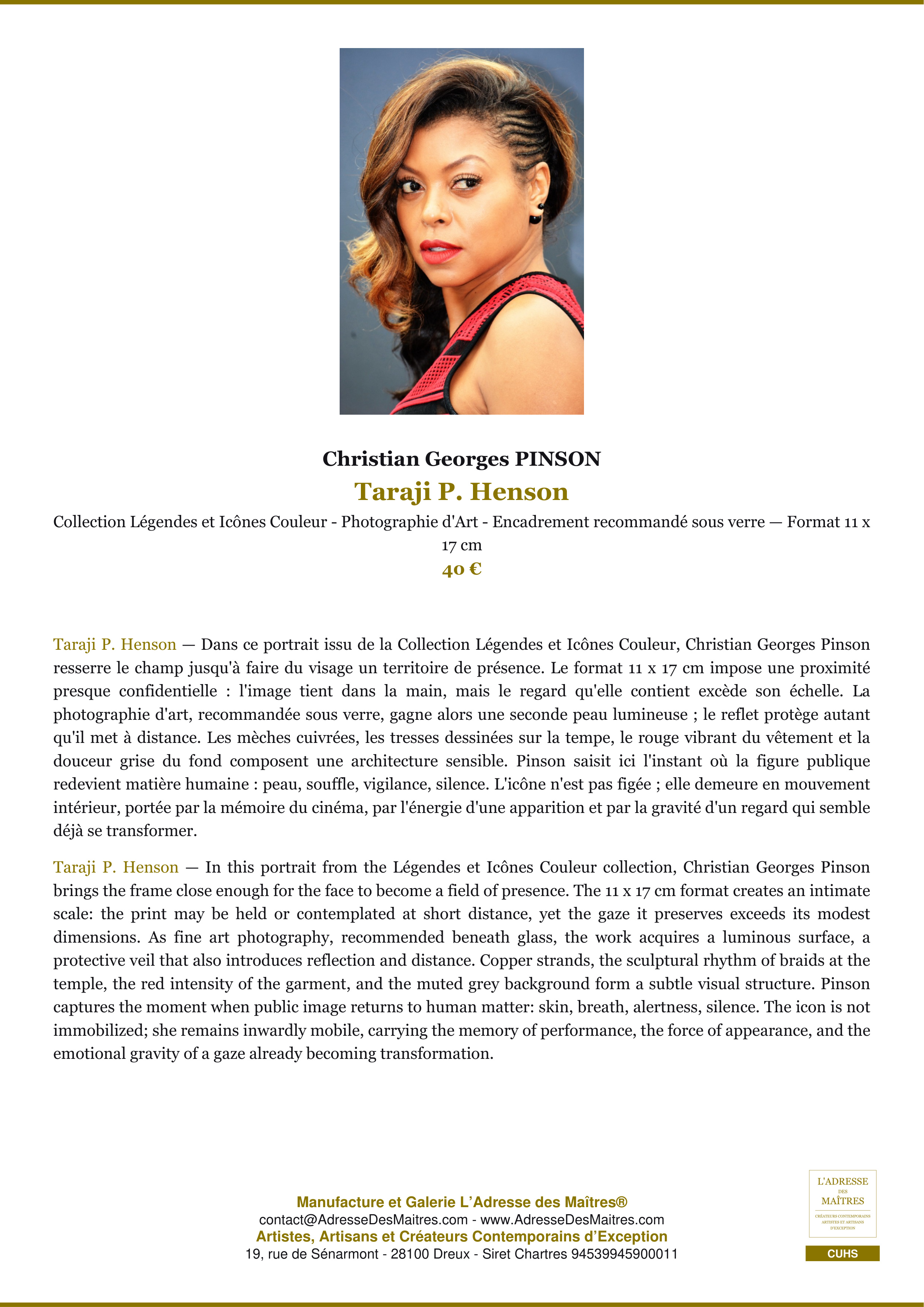 Fiche Premium — Taraji P. Henson — Christian Georges PINSON — L'Adresse des Maîtres®