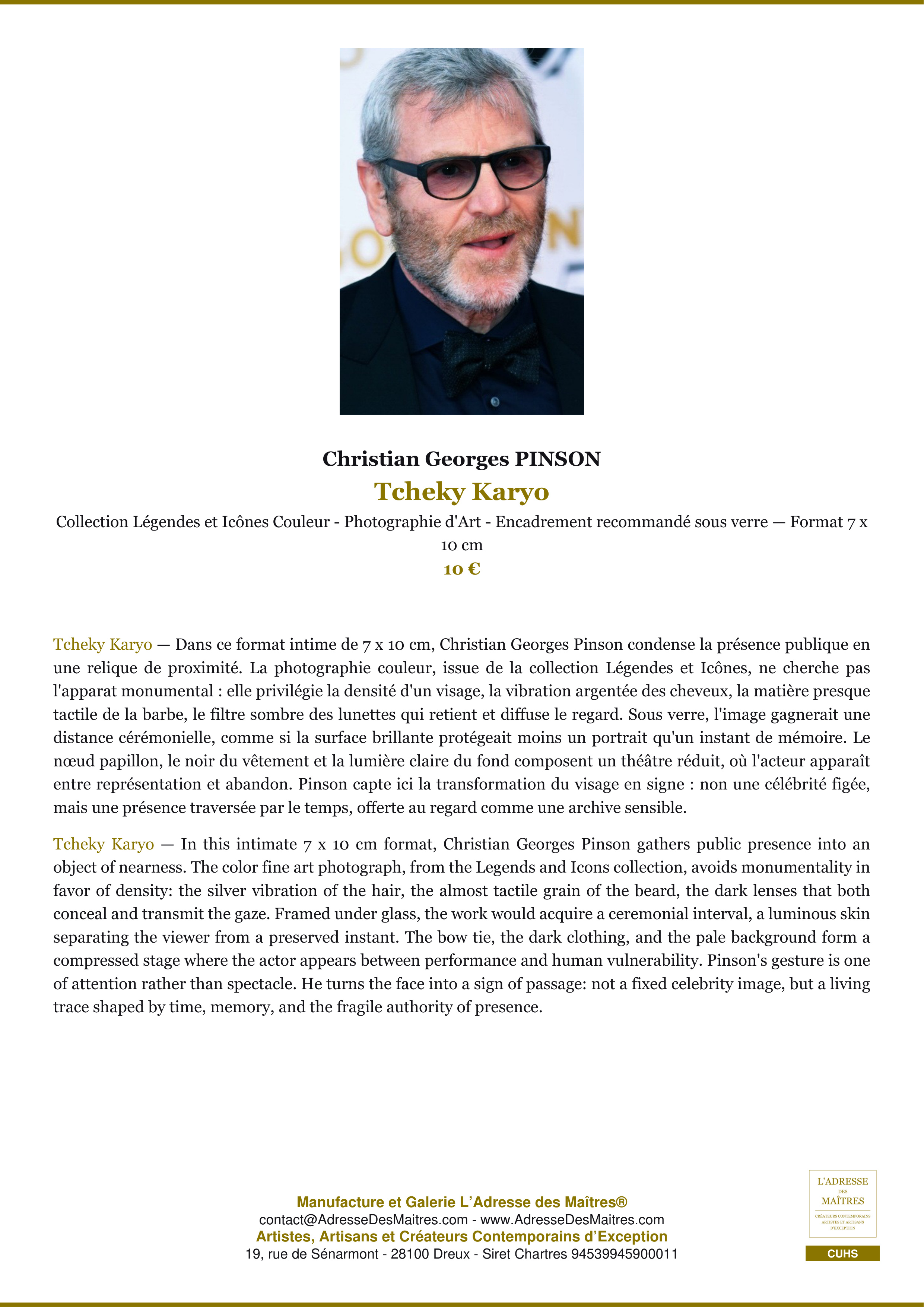 Fiche Premium — Tcheky Karyo — Christian Georges PINSON — L'Adresse des Maîtres®