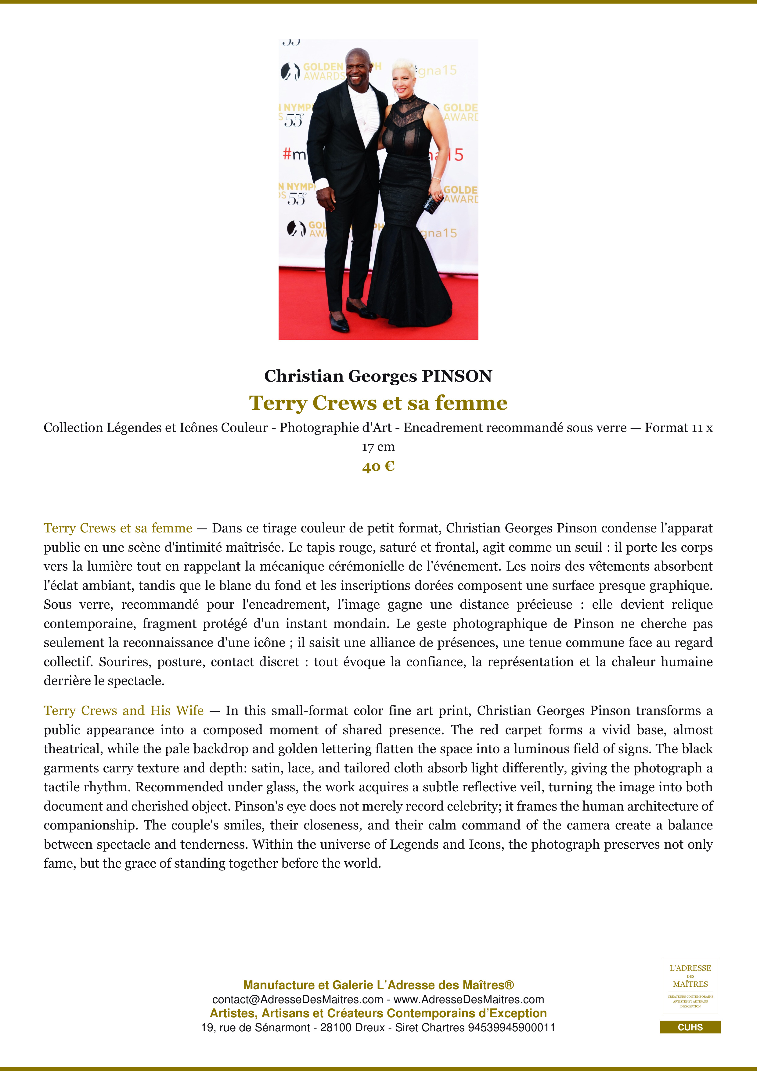 Fiche Premium — Terry Crews et sa femme — Christian Georges PINSON — L'Adresse des Maîtres®