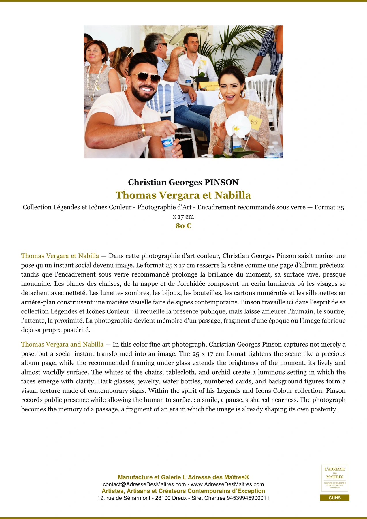 Fiche Premium - Thomas Vergara et Nabilla - Christian Georges PINSON - L'Adresse des Maîtres®