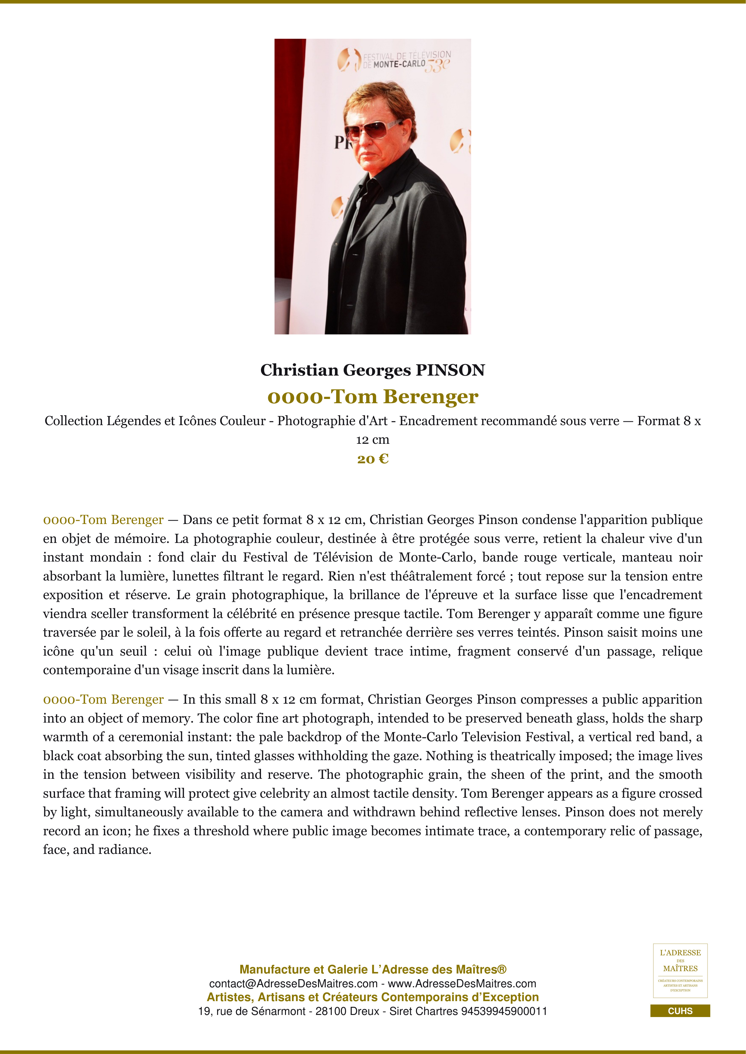 Fiche Premium — 0000-Tom Berenger — Christian Georges PINSON — L'Adresse des Maîtres®
