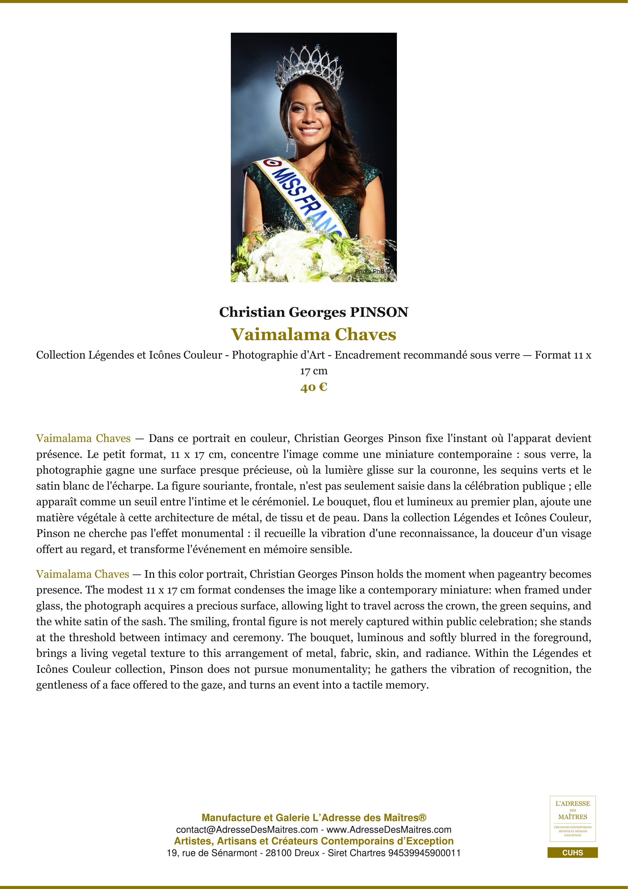 Fiche Premium — Vaimalama Chaves — Christian Georges PINSON — L'Adresse des Maîtres®