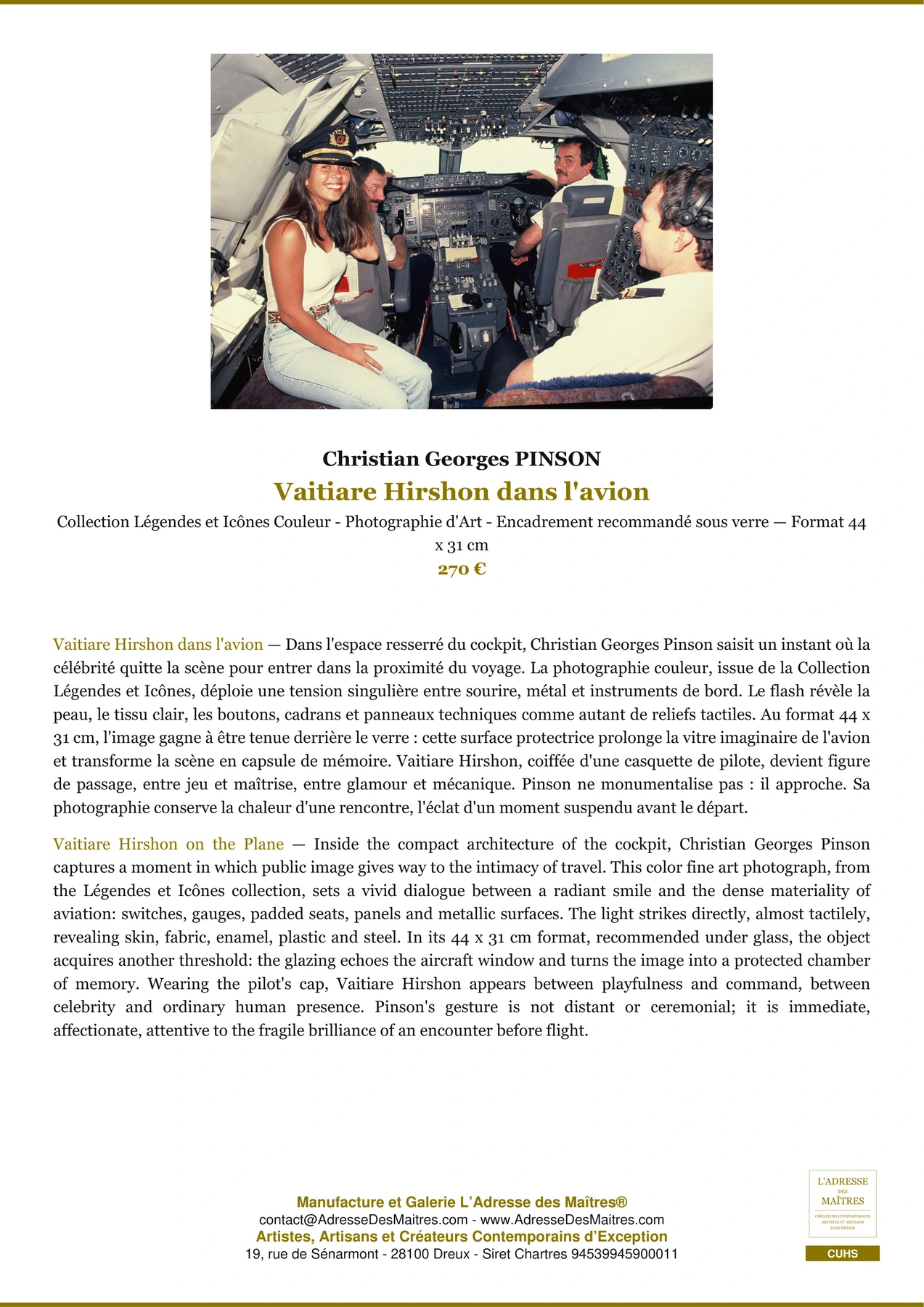 Fiche Premium - Vaitiare Hirshon dans l'avion - Christian Georges PINSON - L'Adresse des Maîtres®