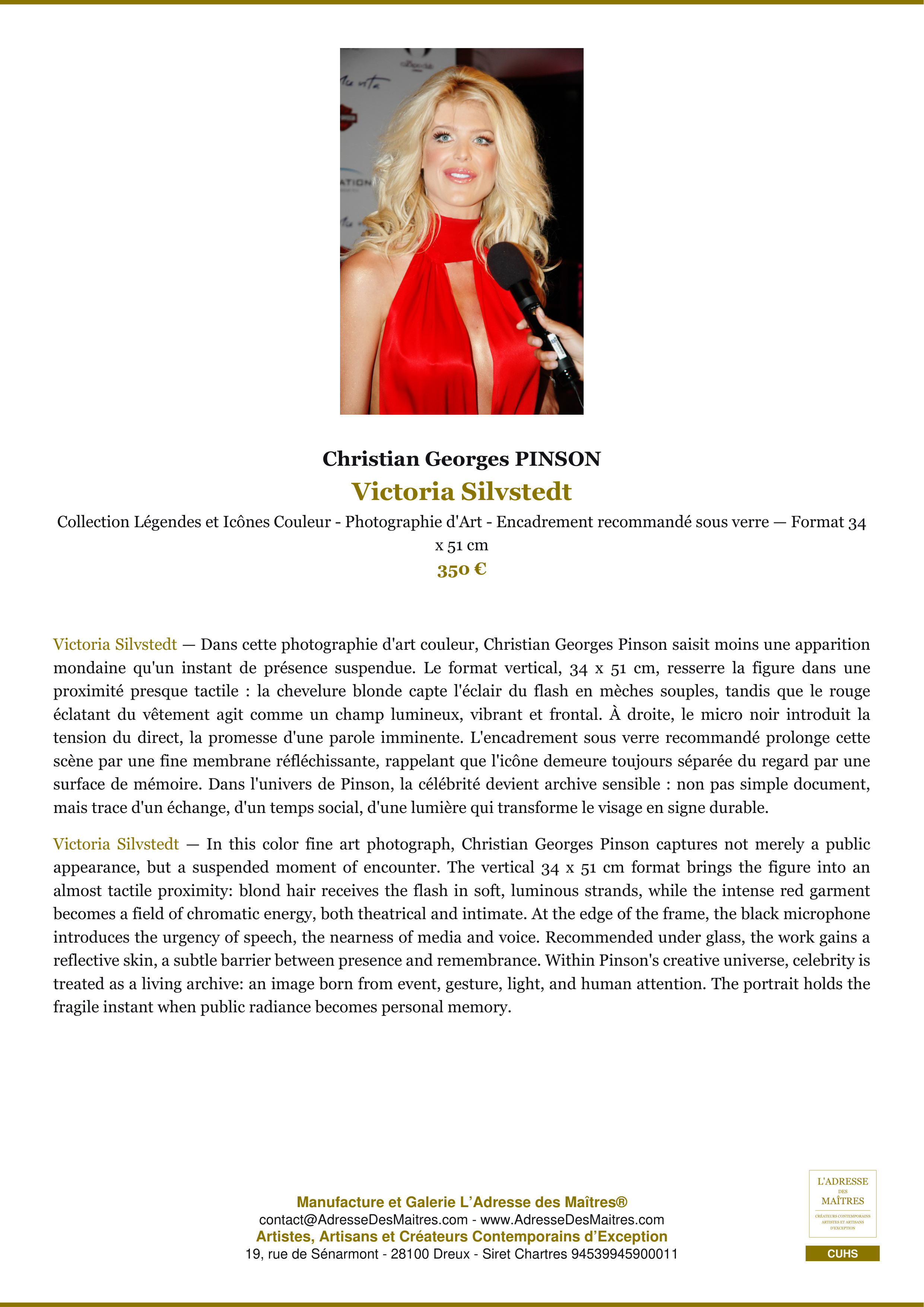 Fiche Premium — Victoria Silvstedt — Christian Georges PINSON — L'Adresse des Maîtres®