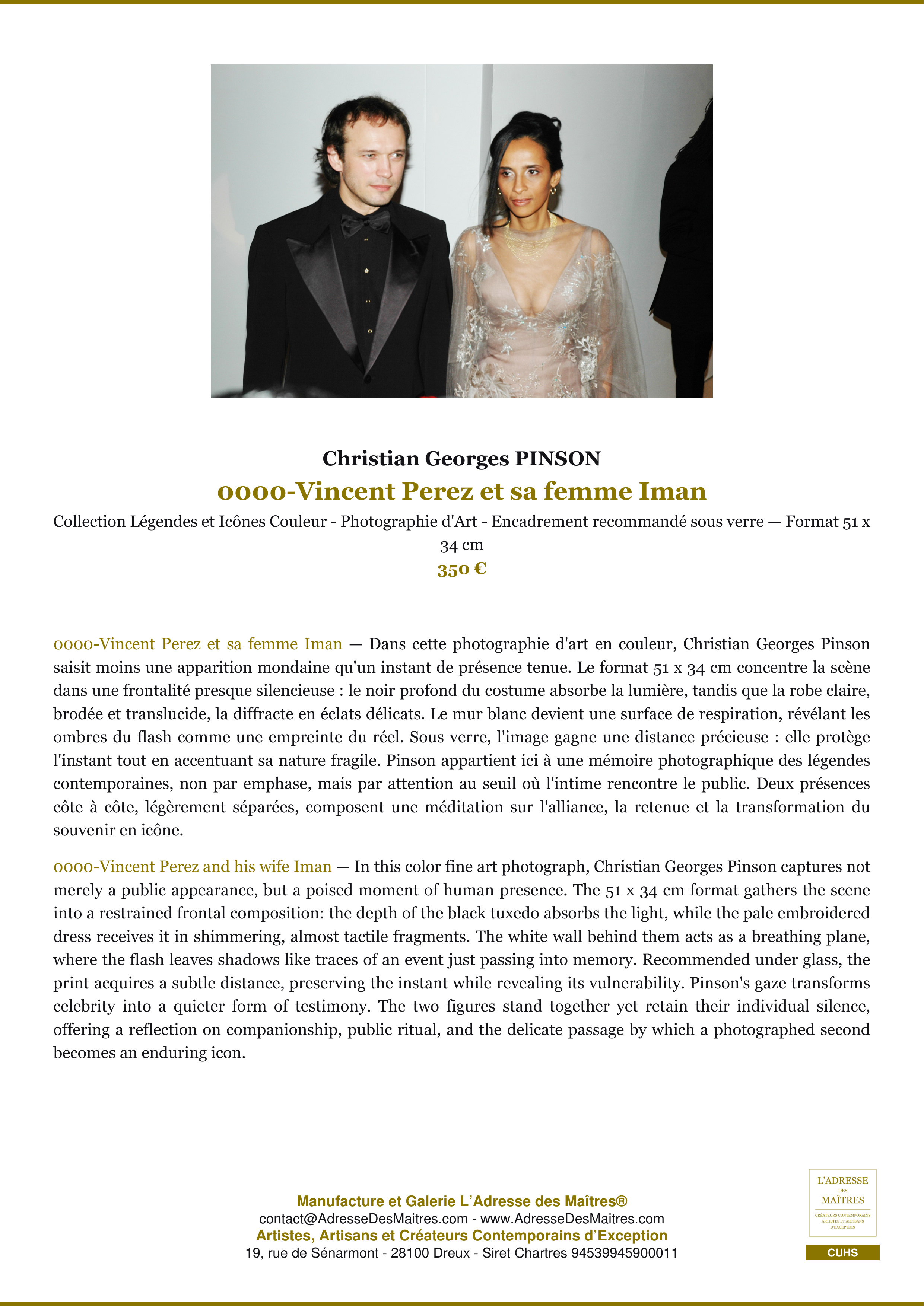 Fiche Premium — 0000-Vincent Perez et sa femme Iman — Christian Georges PINSON — L'Adresse des Maîtres®