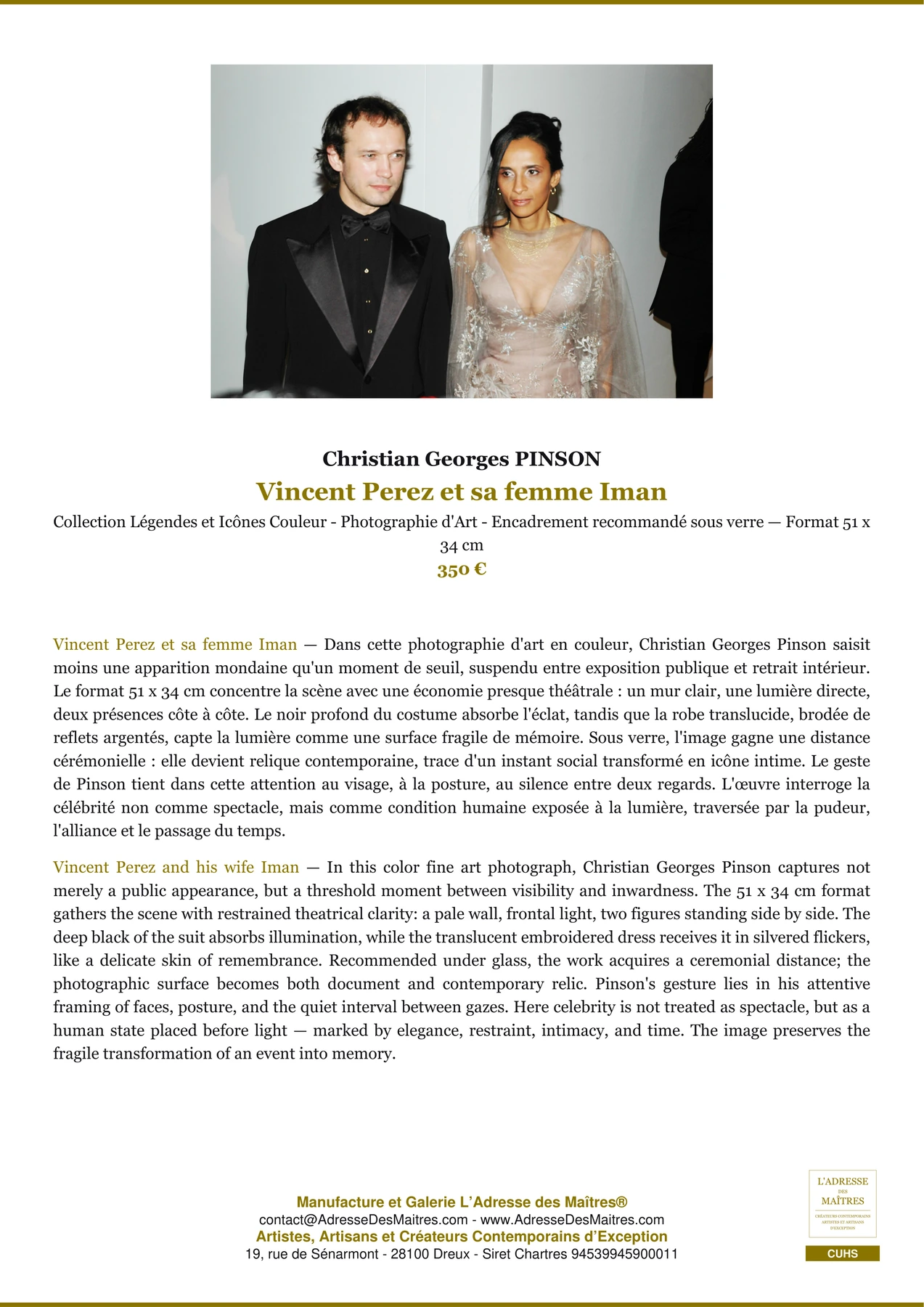 Fiche Premium - Vincent Perez et sa femme Iman - Christian Georges PINSON - L'Adresse des Maîtres®