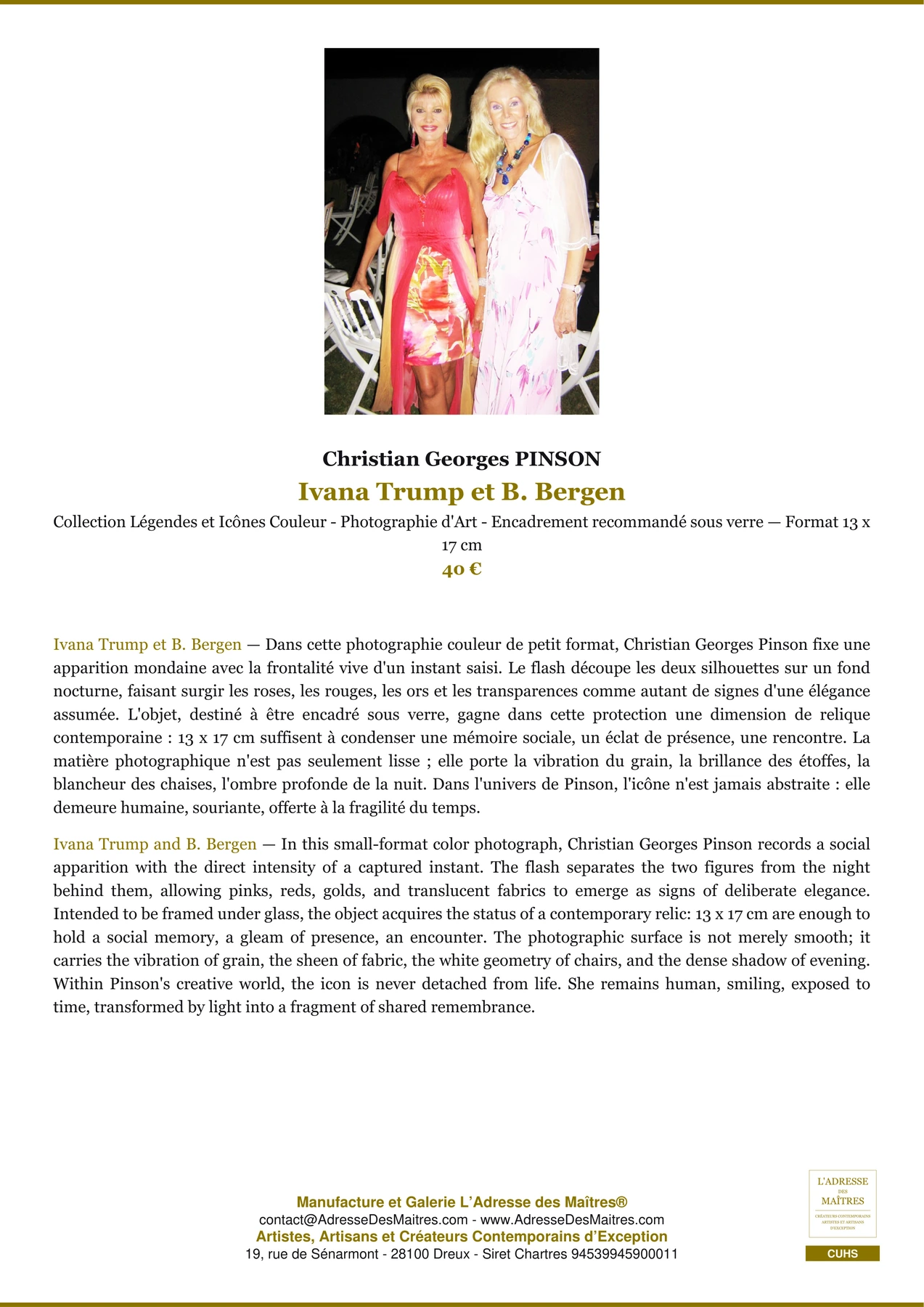 Fiche Premium - Ivana Trump et B. Bergen - Christian Georges PINSON - L'Adresse des Maîtres®