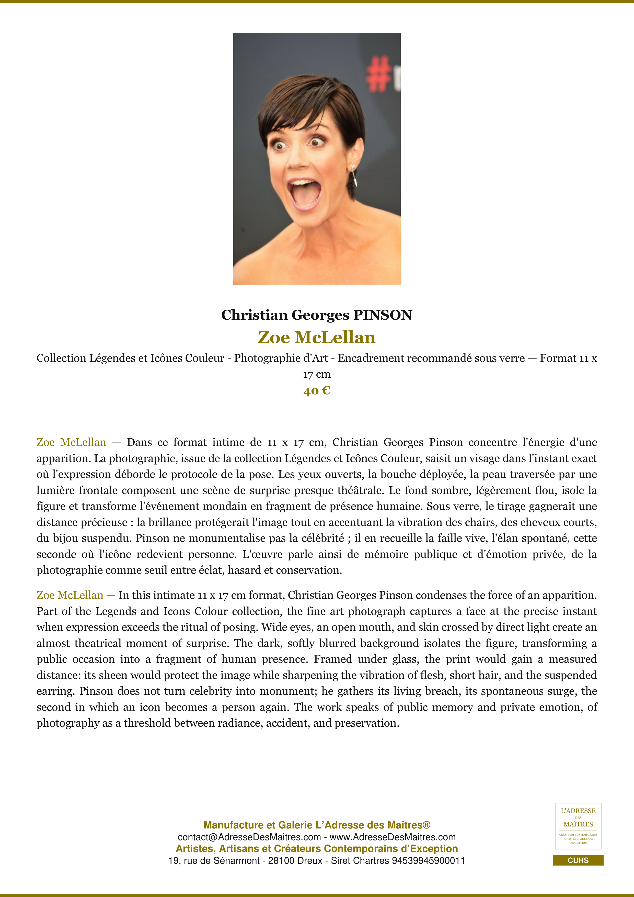 Fiche Premium — Zoe McLellan — Christian Georges PINSON — L'Adresse des Maîtres®