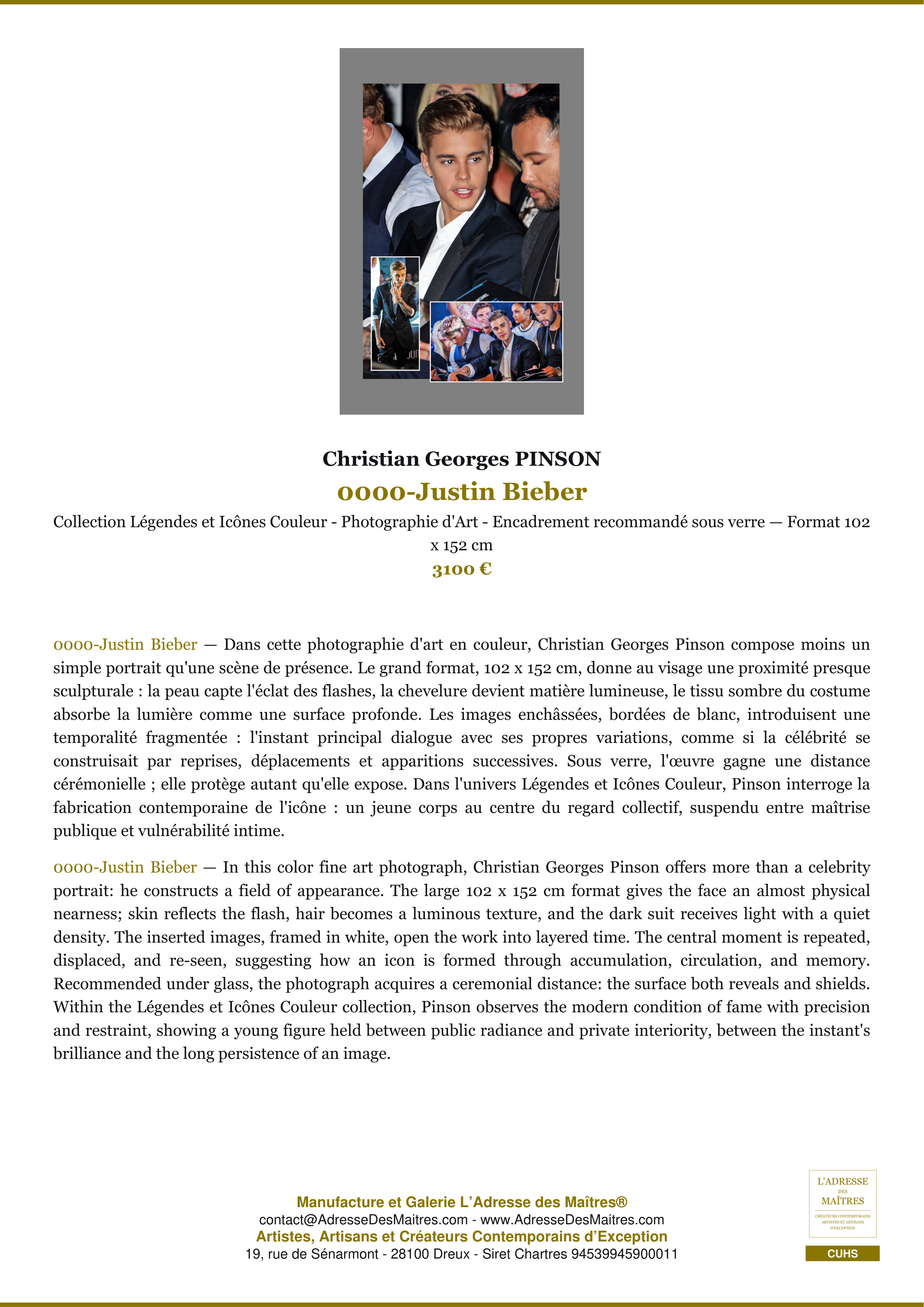Fiche Premium — 0000-Justin Bieber — Christian Georges PINSON — L'Adresse des Maîtres®
