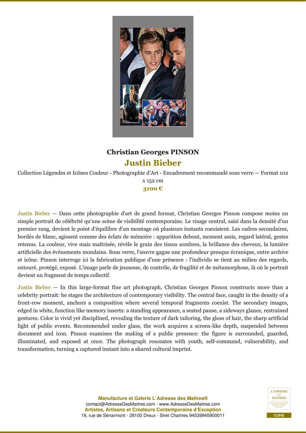 Fiche Premium - Justin Bieber - Christian Georges PINSON - L'Adresse des Maîtres®