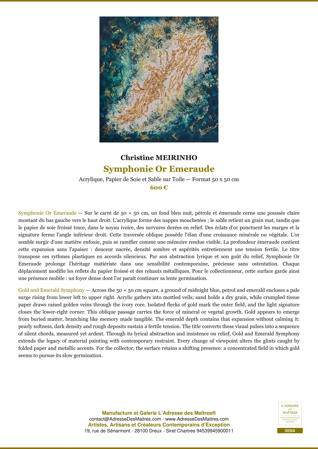 Fiche Premium — Symphonie Or Emeraude — Christine MEIRINHO — L'Adresse des Maîtres®