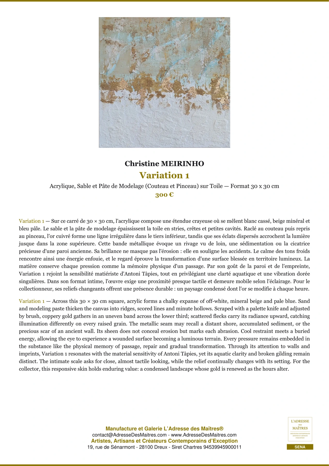 Fiche Premium — Variation 1 — Christine MEIRINHO — L'Adresse des Maîtres®